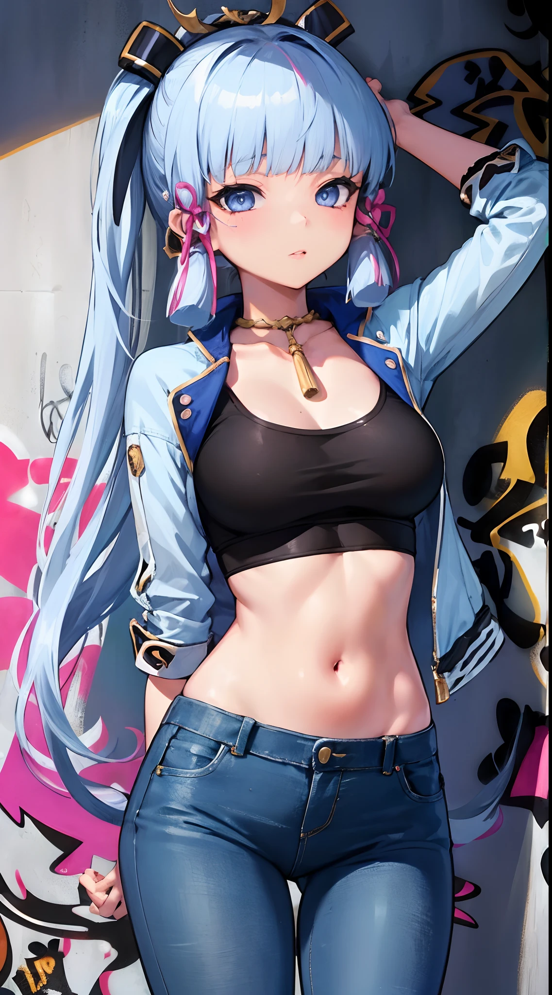 kamisato ayaka|genshin impact, master-piece, bestquality, 1girls,20 age, proportional body, Modern sci-fi costumes, Long Jeans, oversized breasts, ,bara, choker, (Graffiti:1.5), Splash with purple lightning pattern., arm behind back, View viewers from the front., Thigh strap, Head tilt, bored,