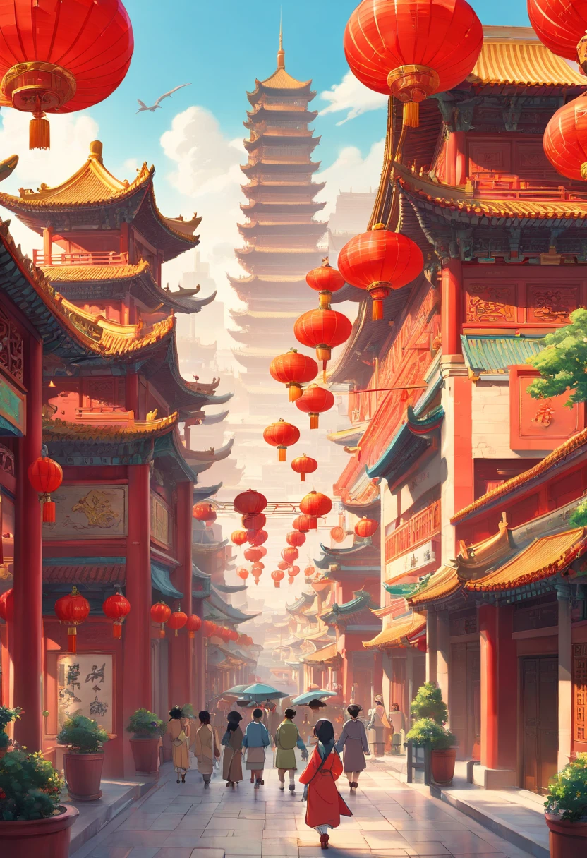 Chinese movie poster, big buildings, Chinese architecture in mechanical style, The flag flies, Plaza, vibrant with colors, Sunny weather, ultra-wide-angle, 8K quality, CG high-quality charts,C4D rendering effects,Be creative, Inspired by the age of machinery, Reference source: Tiananmen square, China, Reference source: The Palace Museum of China, trending on cgstation,
