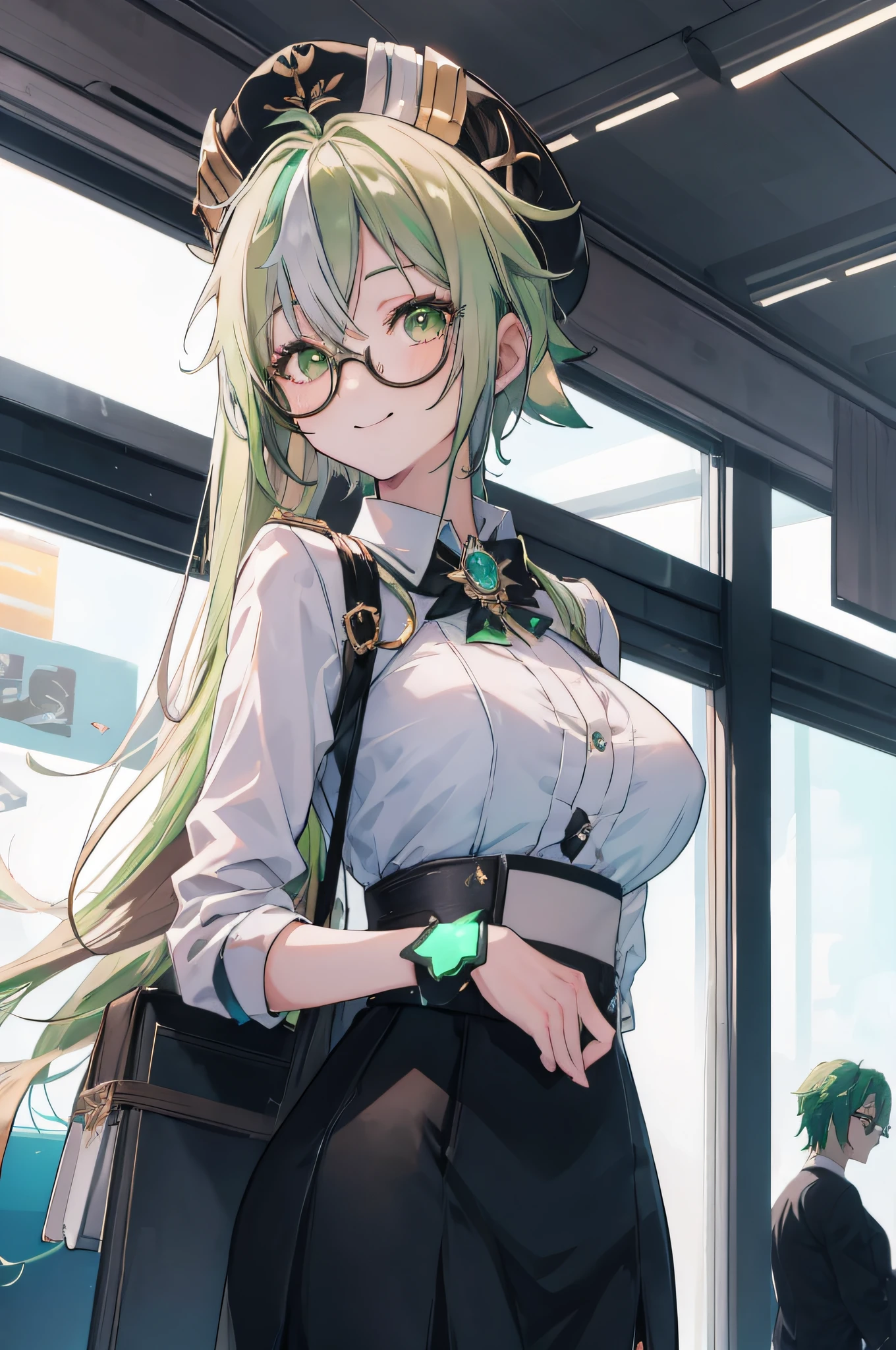 (masterpiece, best quality, detailed),1girl,sucrosedef,(green hair:1.2), glasses,  a white shirt and black skirt, smooth anime cg art, attractive anime girl, seductive anime girl, (sfw), teasing smile, clean detailed anime art,high resolution, (perfect hands, perfect anatomy),