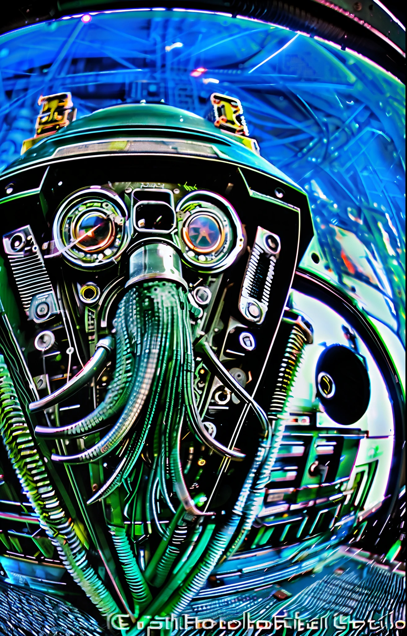 Cthulhu welding metal, Technocybernetics, Psychocybernetics, mechanical parts, Trippy, Acidwave, Cyberpunk, Dieselpunk, Elder Scrolls, halo, close up portrait, character portrait, Fisheye Lens, telephoto lens, Method Studios, conscientious detail