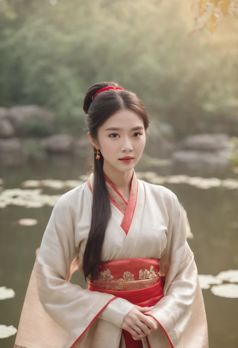 By the lotus pond,A Chinese beauty in Hanfu,Facing the lens,The sleeves flutter,4K,8K,Motion picture film