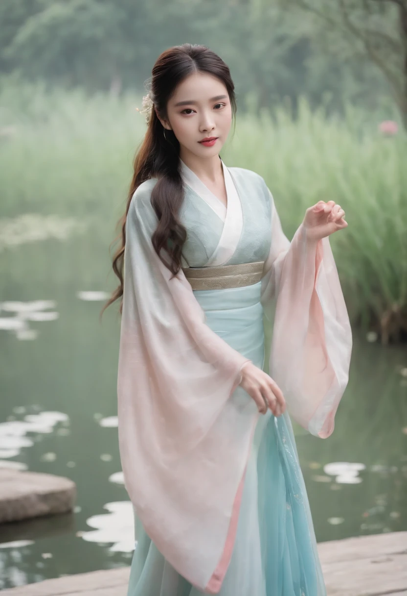 By the lotus pond,A Chinese beauty in Hanfu,Facing the lens,The sleeves flutter,4K,8K,Motion picture film