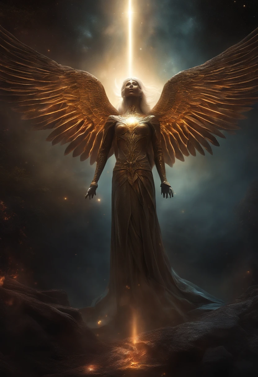 The Fallen Angel of the Universe, Radiant light eyes, biomechanical, eerie, creepy, nightmare, Very bright colors, As the light shines, trial, judge, check