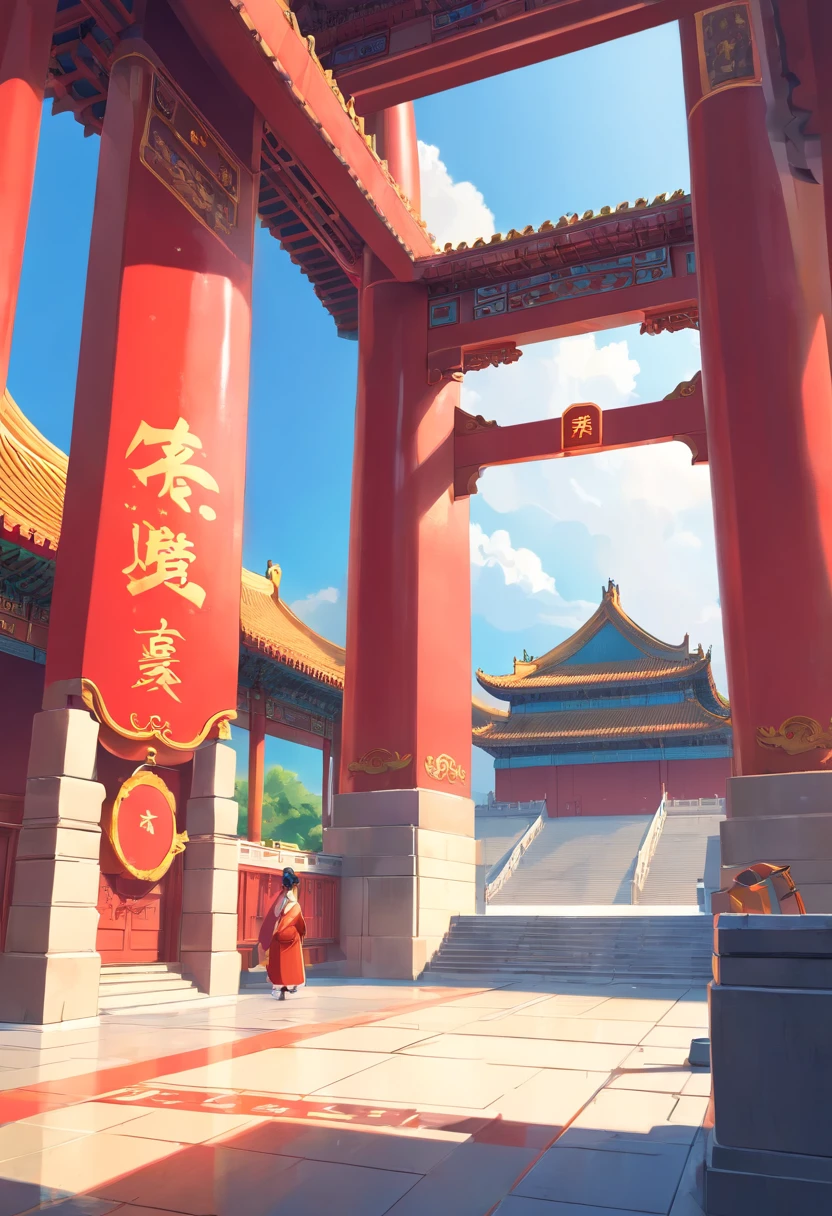Chinese movie poster, big buildings, Chinese architecture in mechanical style, The flag flies, Plaza, vibrant with colors, Sunny weather, ultra-wide-angle, 8K quality, CG high-quality charts，C4D rendering effects,Be creative, Inspired by the age of machinery, Reference source: Tiananmen square, China, Reference source: The Palace Museum of China, trending on cgstation,