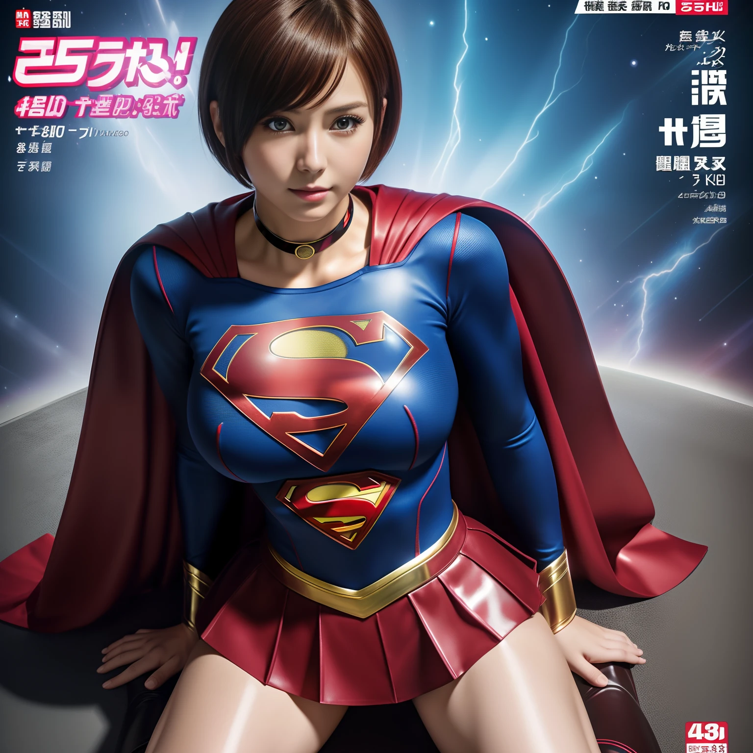 masterpiece、Rubber Supergirl Costume、short hair、barefoot、Big and ample breasts、looking at the camera、choker、Long sleeve、Cape、mini skirt、Off the shoulder、Sweaty skin、In front of laboratory equipment at the hospital、Photo magazine cover、Glamorous cleavage、Boasting beautiful legs、High leg leotard、Glamorous bare legs、Nymphomaniac young wife in her 30s、Close-up shot from the front、