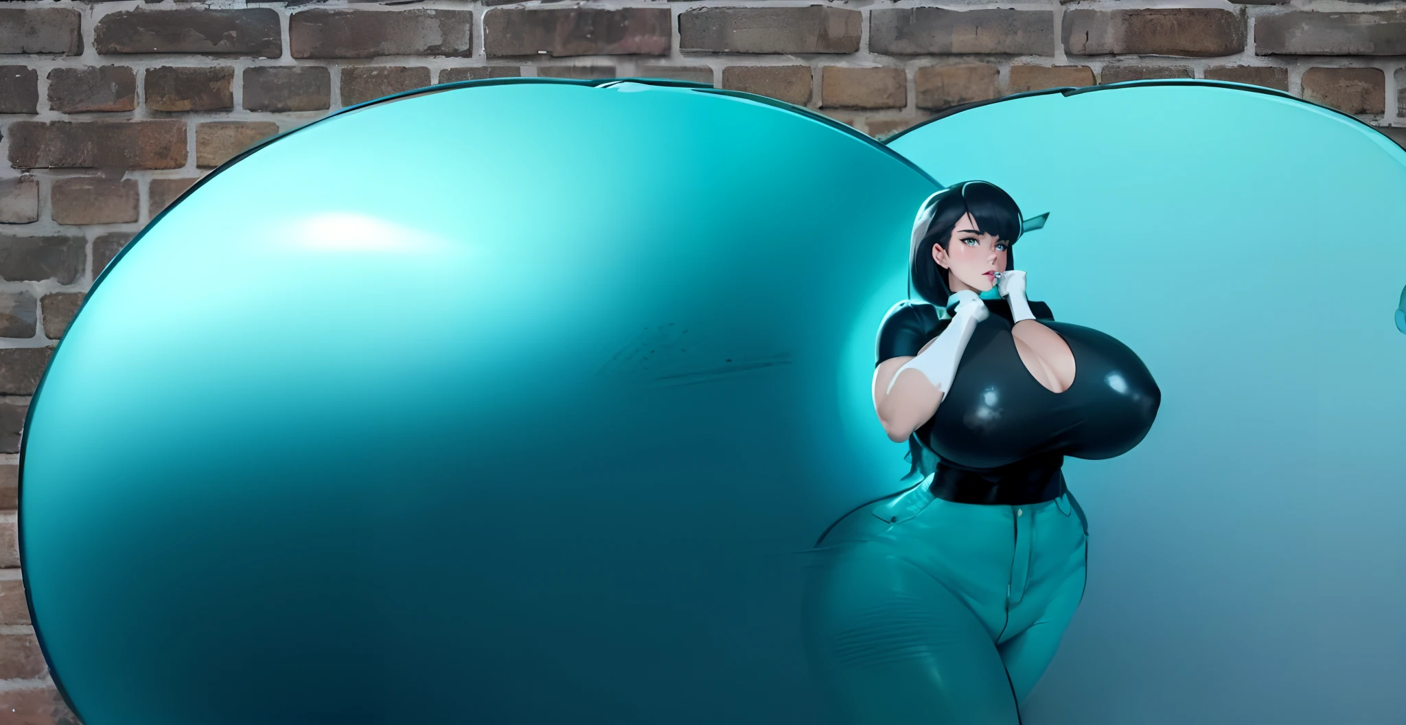 there is a woman in a black top and blue pants posing in front of a massive huge ass in skin tight blue jeans, hyper oppai, ghost in the shell style, super crazy thick thighs, masterpiece, 8k hd, hyper realistic,  dynamic lighting, perfect face,  perfect everything,  detailed background, goregous girl,