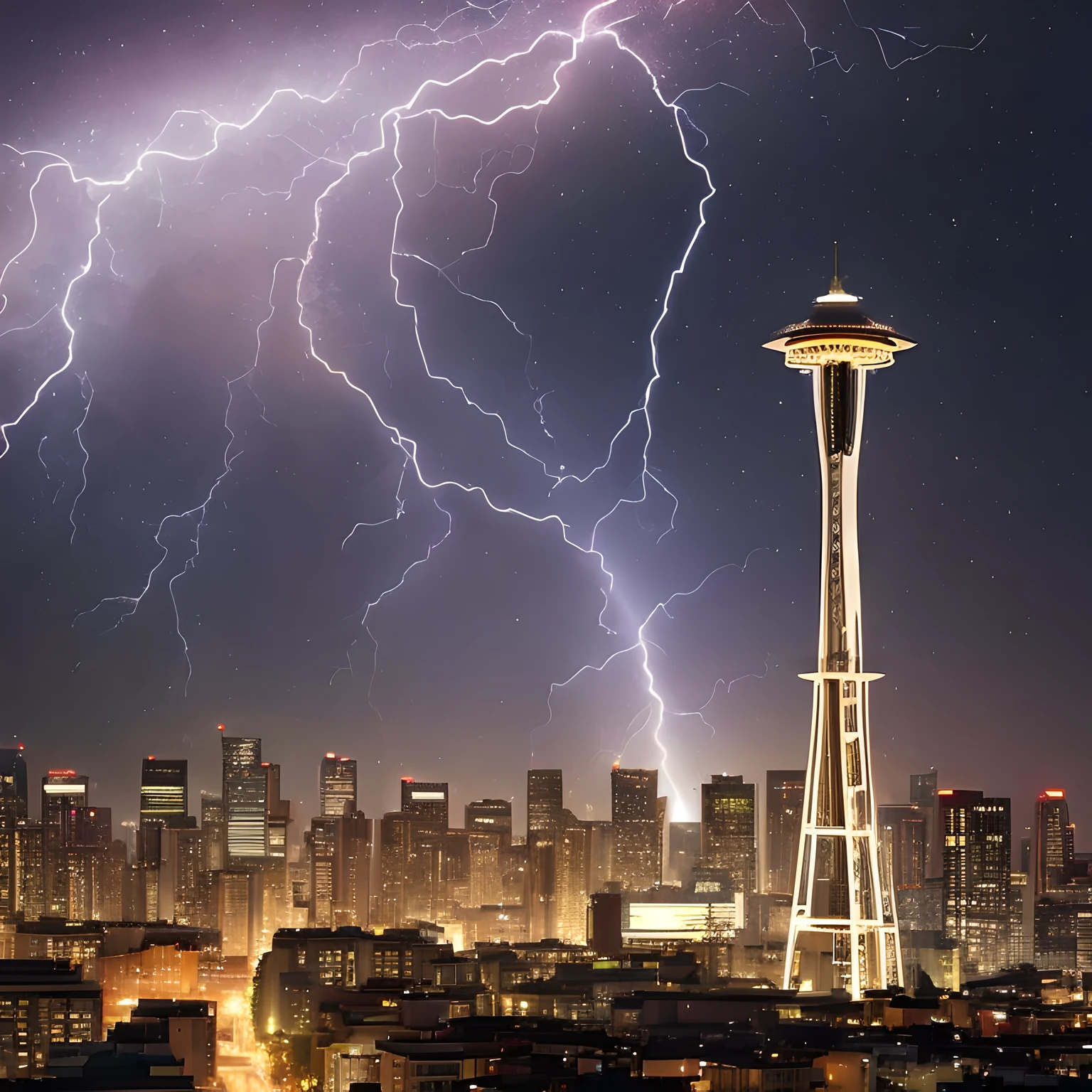 Isekai Space Needle、Space Needle of the near future、Space Needle、landmark、thunder clouds、lightning bolt、thunderstyle, simple purple background,　Space Needle floating in the night view of Seattle、