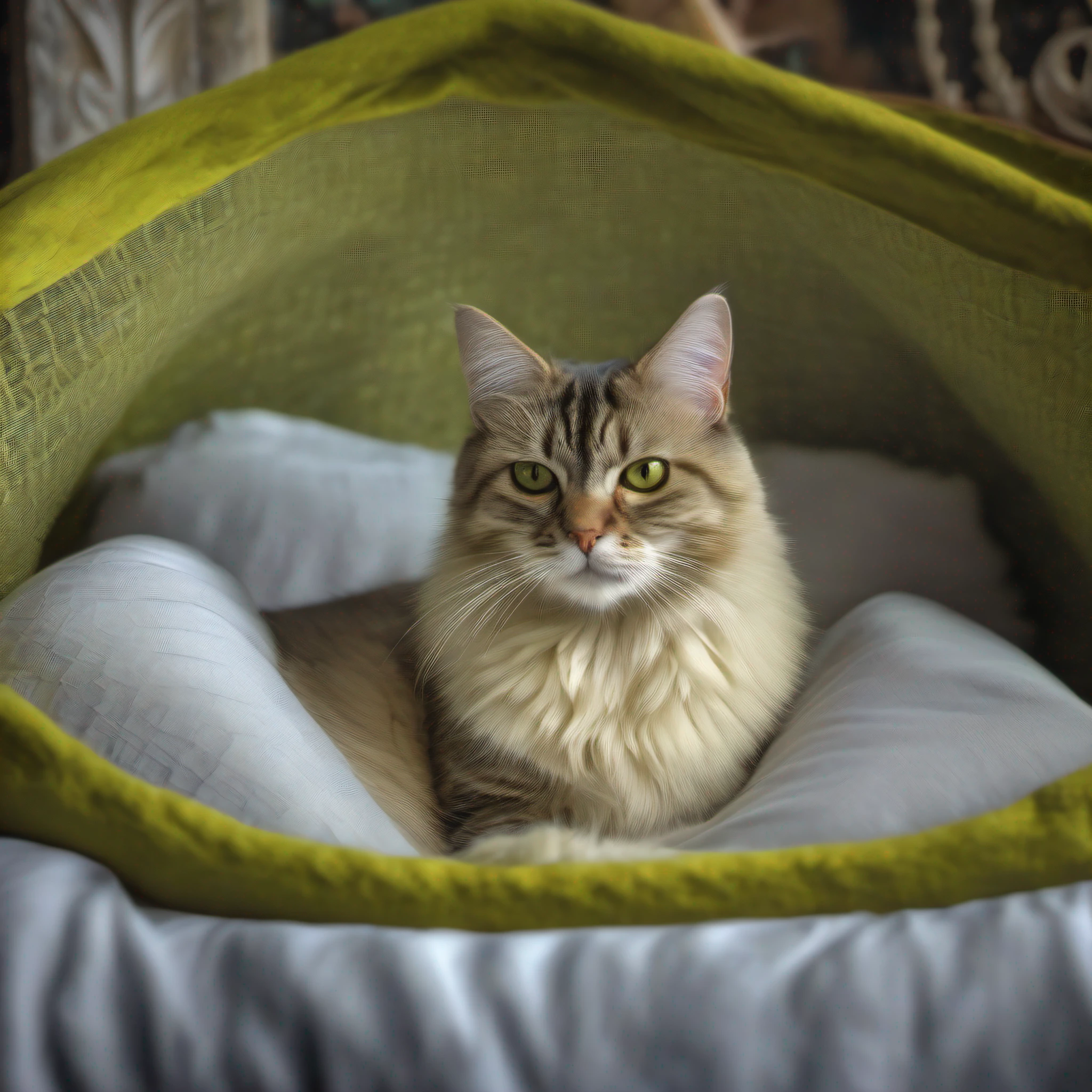 Chartreaux cat snuggled up in a bed, contemporary, beautiful expressive, inspiring, beautiful, bright vivid, very detailed sharp focus. Highly professional photography, realistic photo. HDR, UHD 32k. --AR 16:9, --v 5.2