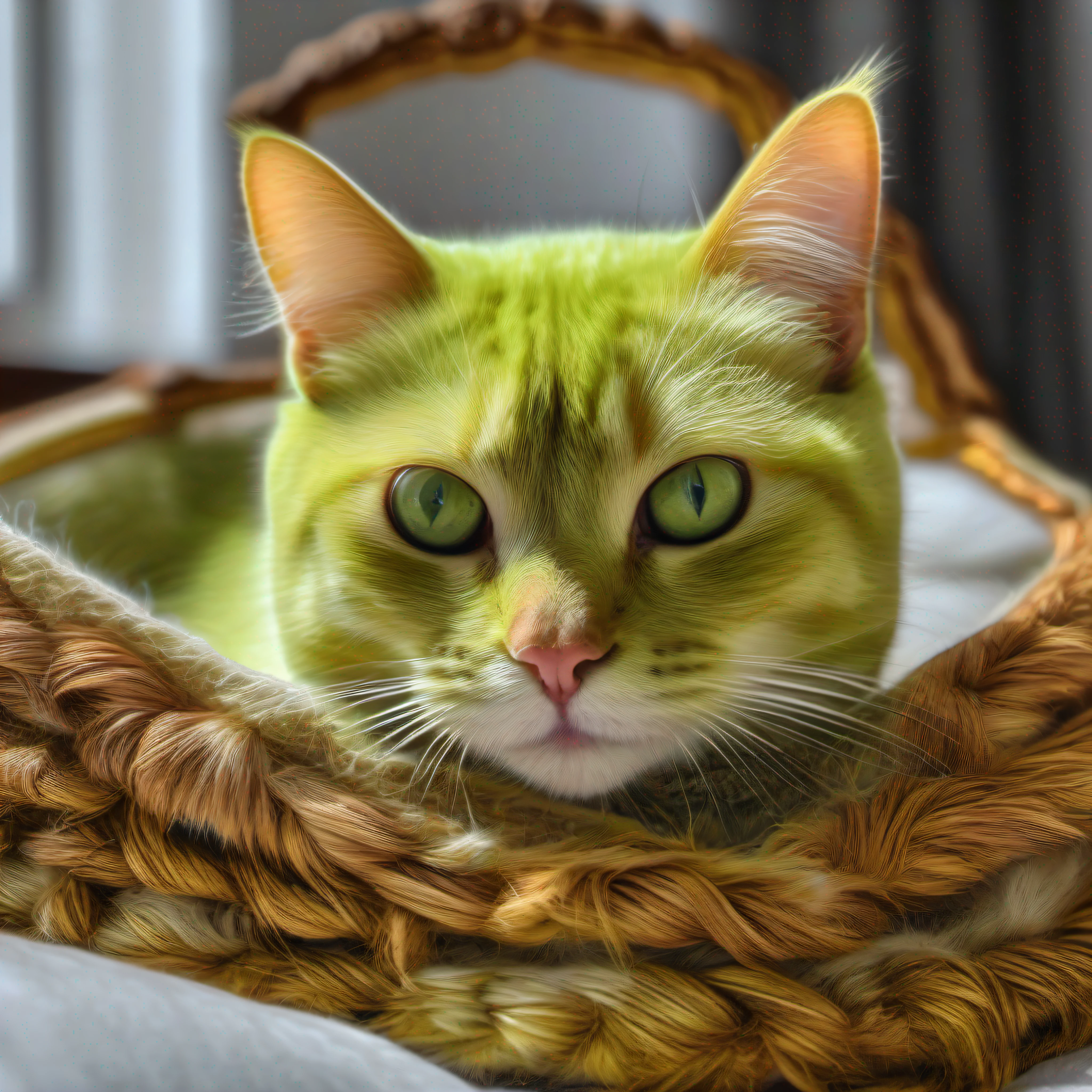 Chartreaux cat snuggled up in a bed, contemporary, beautiful expressive, inspiring, beautiful, bright vivid, very detailed sharp focus. Highly professional photography, realistic photo. HDR, UHD 32k. --AR 16:9, --v 5.2