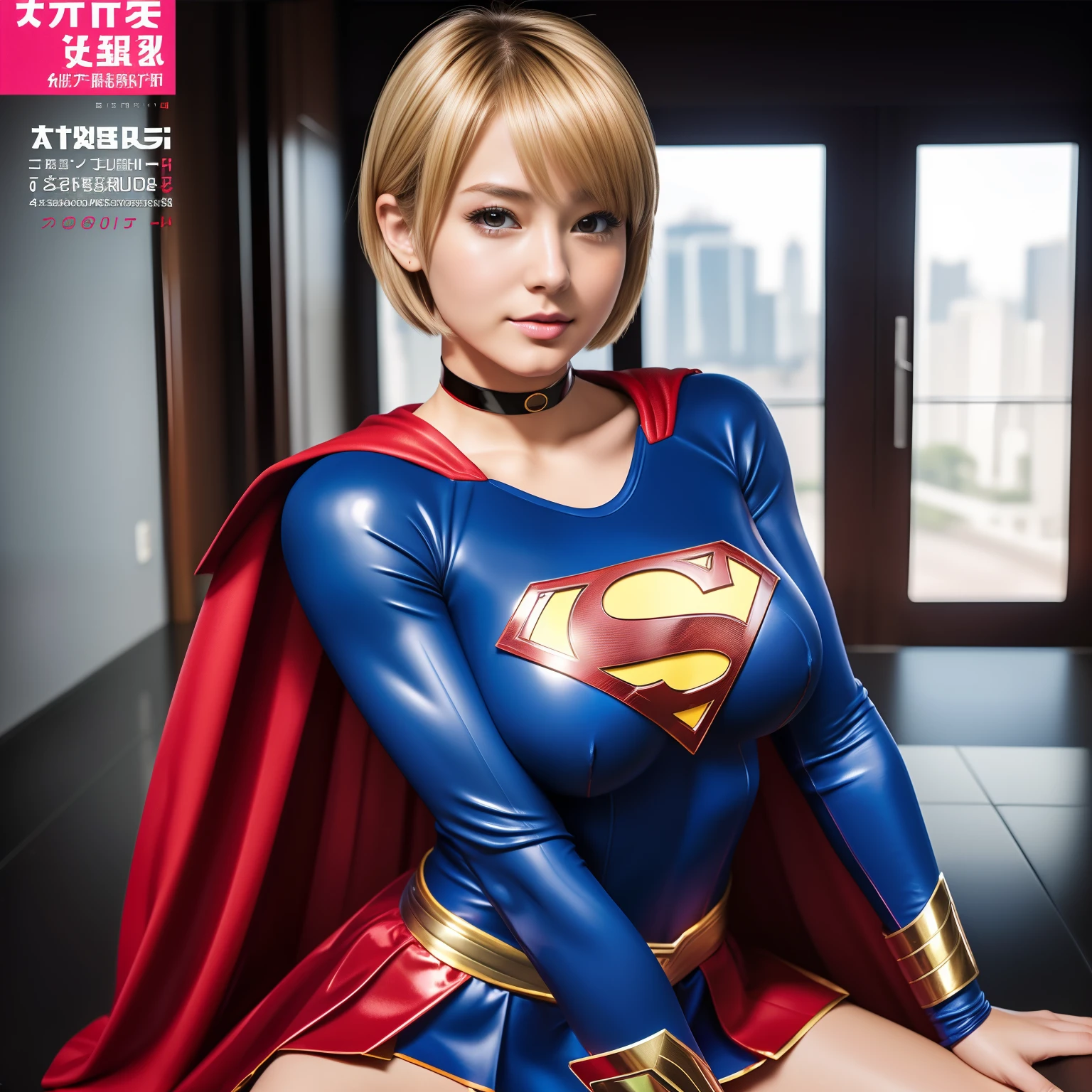 (Best Quality,4K,8K,hight resolution,masutepiece:1.2),Ultra-detailed,Realistic:1.37,Super masterpiece,Short-haired Supergirl、large full breasts、Looking at the camera、Glossy costume、a choker、Too short miniskirt、Magazine covers、tankobon、Seated Pose
