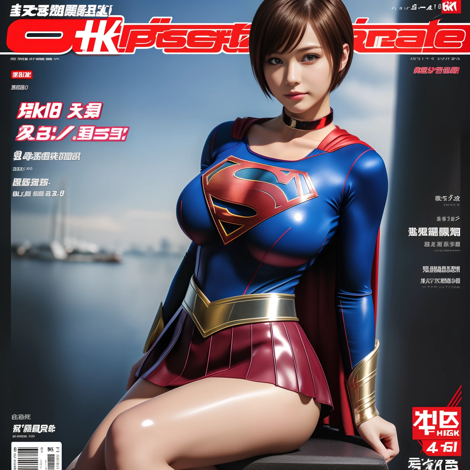 (Best Quality,4K,8K,hight resolution,masutepiece:1.2),Ultra-detailed,Realistic:1.37,Super masterpiece,Short-haired Supergirl sitting on bed、large full breasts、Looking at the camera、Glossy costume、a choker、bare-legged、Weekly magazine cover、Cheerful pose