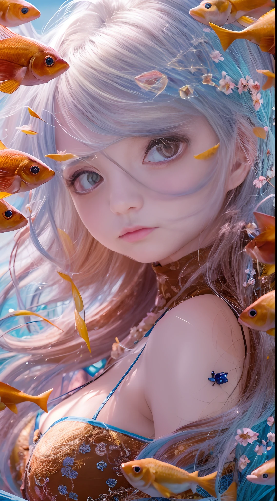 Hermosa mujer dentro del mar,ojos azul claro, floral rojo,pendientes de cristal,Jitome,Bikini floral,peces azules:1.4,(surrealismo:1.1),(cinematic lighting:1.05),(Luz reflectante:1.1),(Buzones:1.15),(Tachi-E:1.05),(from the rear:1.1),hiper HD,obra maestra:(1.2),(Detalles altos:1.1)
