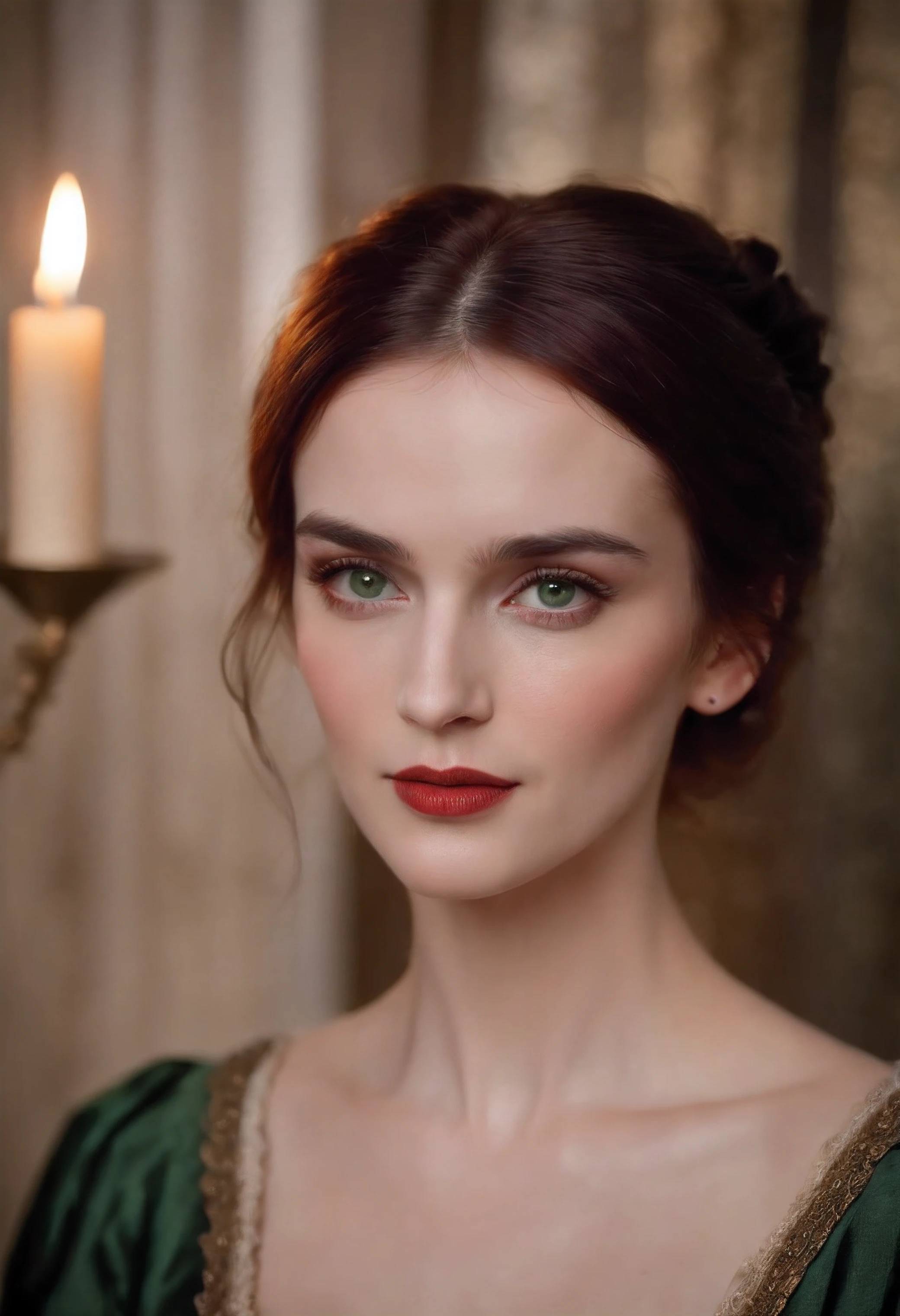 (((a deep reddish wound crosses her left cheek))) fair complexion, winona ryder, high bunned hair, distinctive green eyes, wearing kohl, slender and graceful, beautiful, candlelight in a medieval setting, ultra sharp focus, realistic shot, medieval female clothes, tetradic colors (scar:1.4)