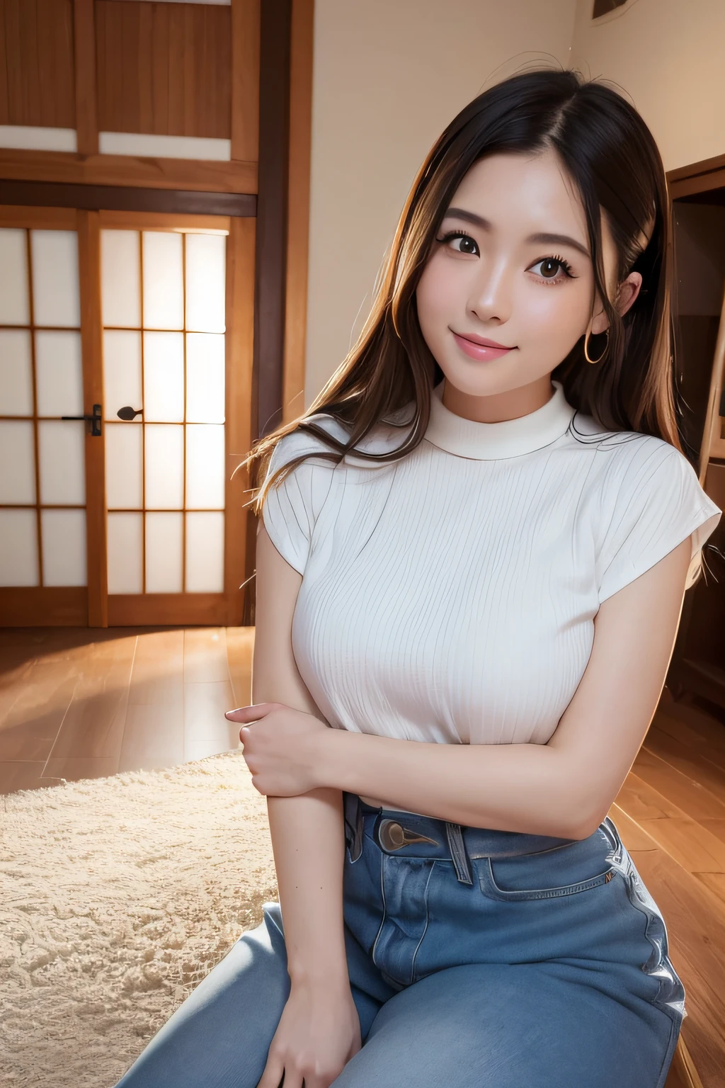 of the highest quality, masutepiece, 超A high resolution, (Photoreal: 1.4), Front view, Half body, Fashionable clothes, famous japanese actress, a very beautiful woman, Cute, Nice smile, Cinematic 35mm lens, F/1 .8, Accent Lighting, 8K, a room, Beautiful double eyes with equal left and right eyes, Hands down
