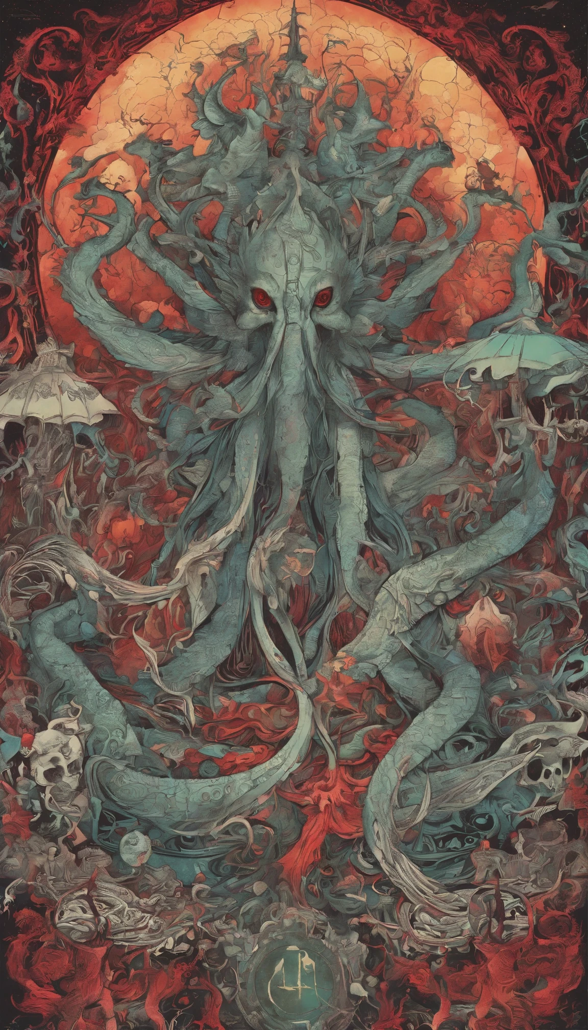 From the depths he emerges, devil, 
The Cthulhu's Parade in crimson hues.
Whispers of the otherworldly echo,
A festival where madness and beauty fuse.

In the night sky adorned with abyssal splendor,
Feathers stained with blood dance and soar.
Entwined by threads of fate,
The deranged revel in ecstasy's roar.

Oh mighty Cthulhu, ruler of the depths,
In our pursuit of desires so forlorn,
We embark on a path of madness and despair,
Guided by the disciples of the one we adorn.

On the grand boulevard, grotesque forms stride,
Where terror and beauty intertwine.
In the realm betwixt dreams and nightmares,
We surrender ourselves to euphoria's shrine.

Praise his name, the great Cthulhu,
Monarch of the abyss, the wellspring of our insanity.
In this eternal procession's stage,
We celebrate the coming of the world's calamity.