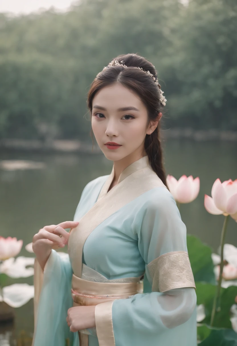 By the lotus pond,Chinese beauty in Hanfu,Lotus flowers in the background,Facing the lens,The sleeves flutter,4K,8K,Motion picture film