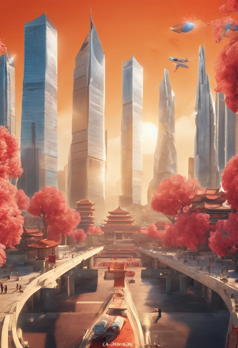 Modern movie poster, big buildings, Mechanical style, The flag flies, Plaza, vibrant with colors, Sunny weather, ultra-wide-angle, 8K quality, CG high-quality charts,C4D rendering effects,Be creative, Inspired by the age of machinery, Reference source: Tiananmen square, China, Reference source: The Palace Museum of China, trending on cgstation,