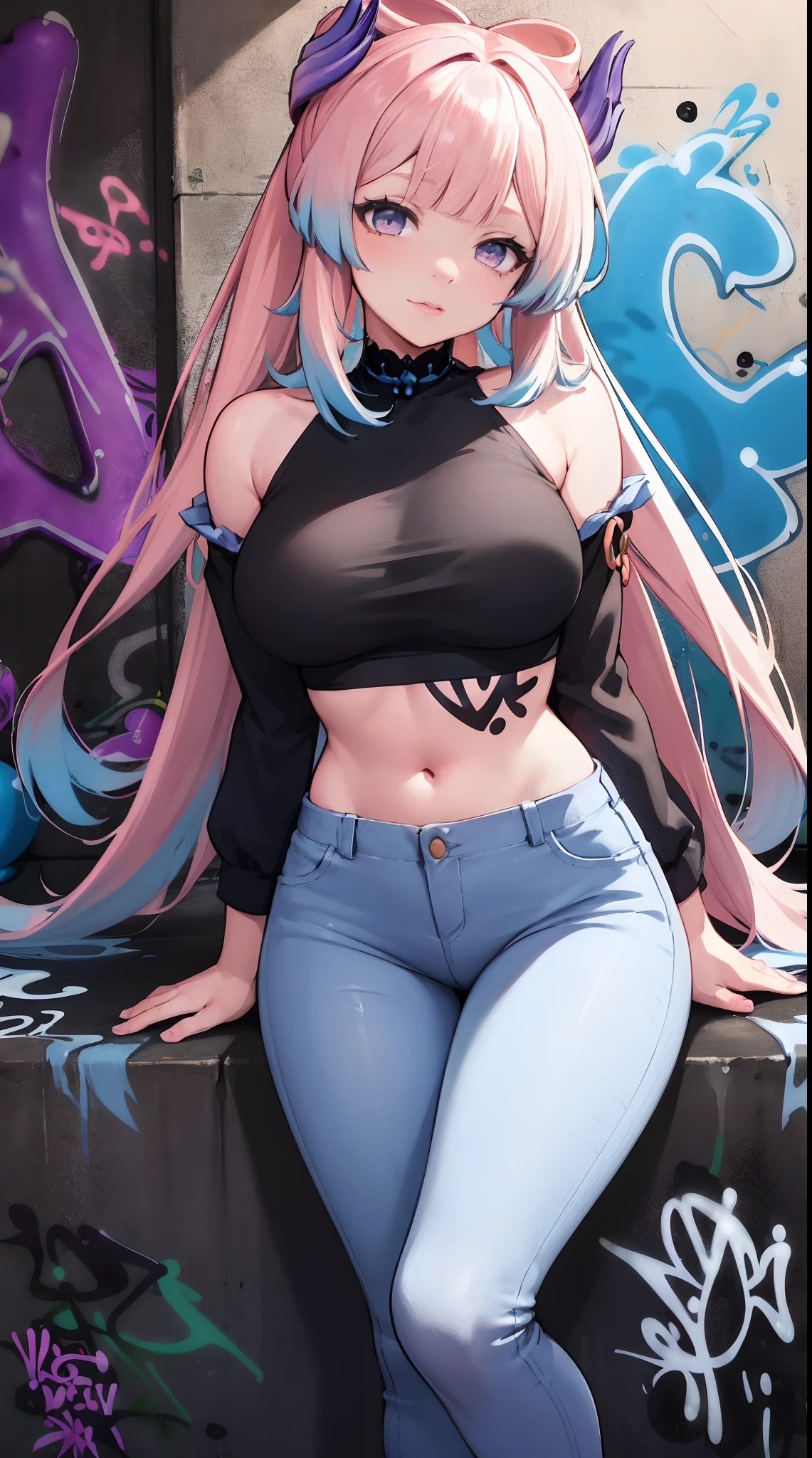 Sankonomiya|Kokomi Genshin Effects, master-piece, bestquality, 1girls,20 age, Double tail hairstyle, proportional body, Long Jeans, oversized breasts, ,bara, (Graffiti:1.5), Splash with purple lightning pattern., arm behind back, against wall, View viewers from the front., Head tilt,