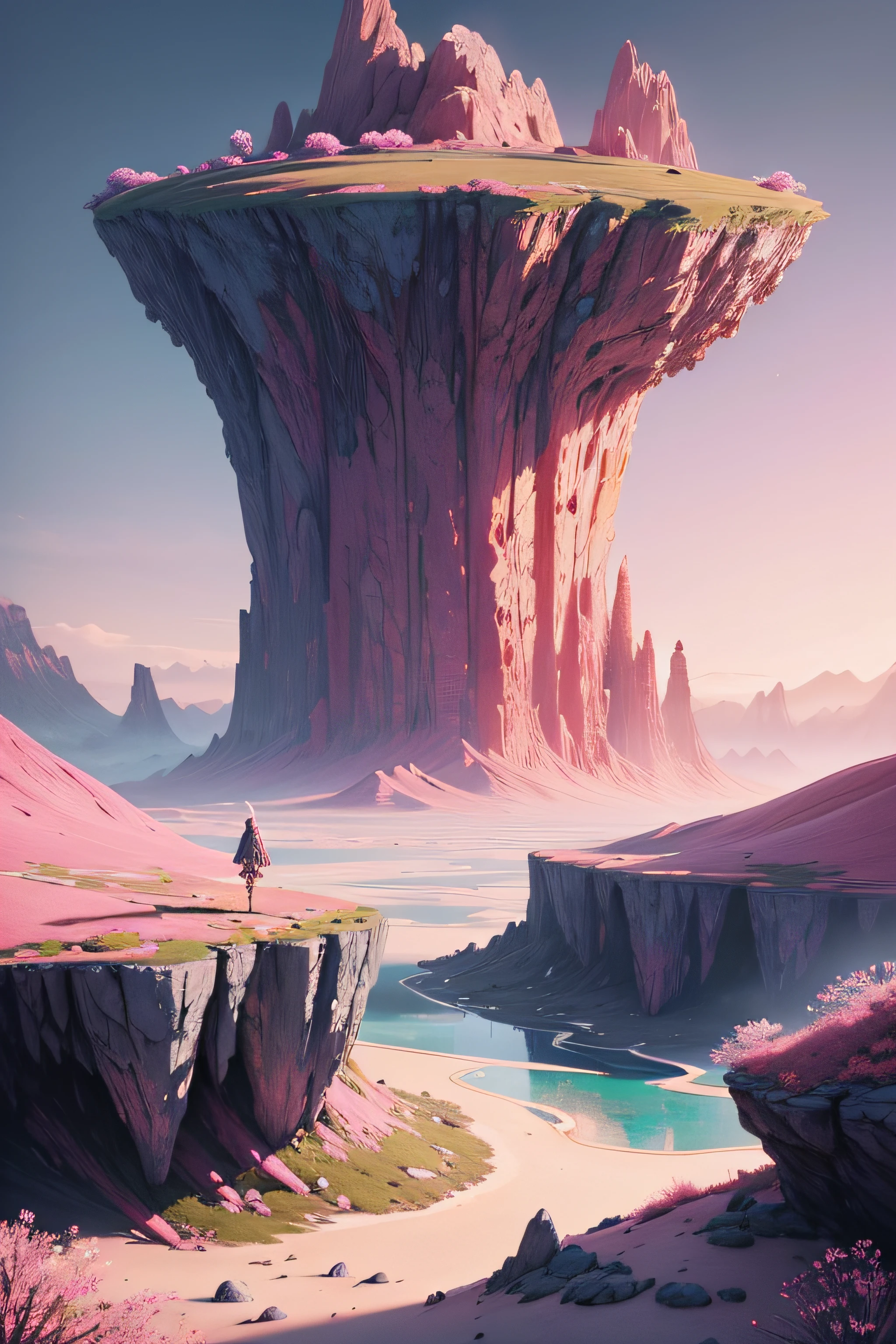 There is a picture of a fantasy landscape with flowers and rocks,Blooming pink roses， Beautiful alien landscape, Alien landscape, stunning alien landscape, amazing alien landscape, surreal alien kingdom, lush alien landscape, alien breathtaking landscape, an alien landscape, epic dreamlike fantasy landscape, Alien landscapes, landscape of an alien world, an alien landscape view, fantasy planet, sci fi alien world