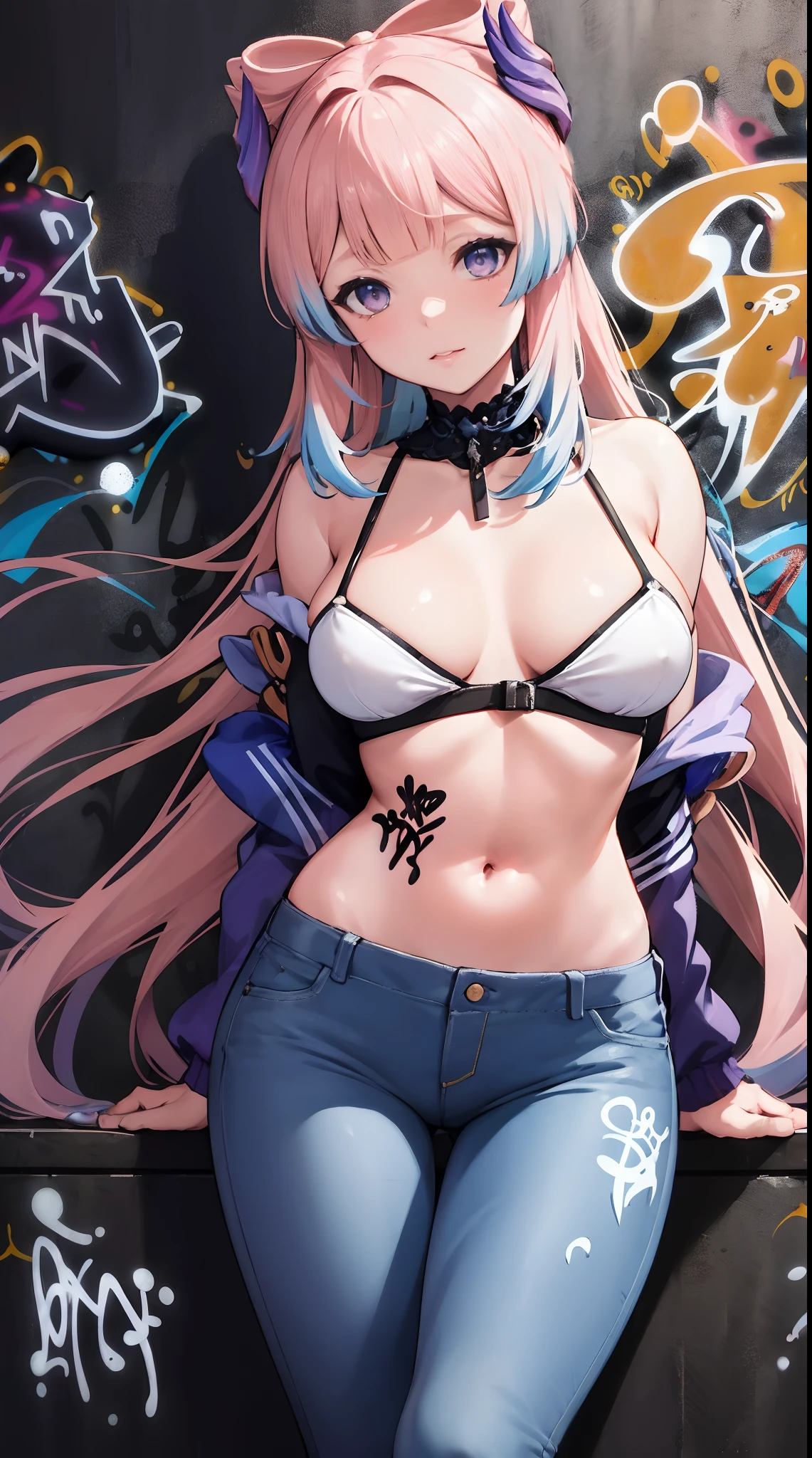 Sankonomiya|Kokomi Genshin Effects, master-piece, bestquality, 1girls,20 age, Double tail hairstyle, proportional body, Long Jeans, oversized breasts, ,bara, (Graffiti:1.5), Splash with purple lightning pattern., arm behind back, against wall, View viewers from the front., Head tilt,