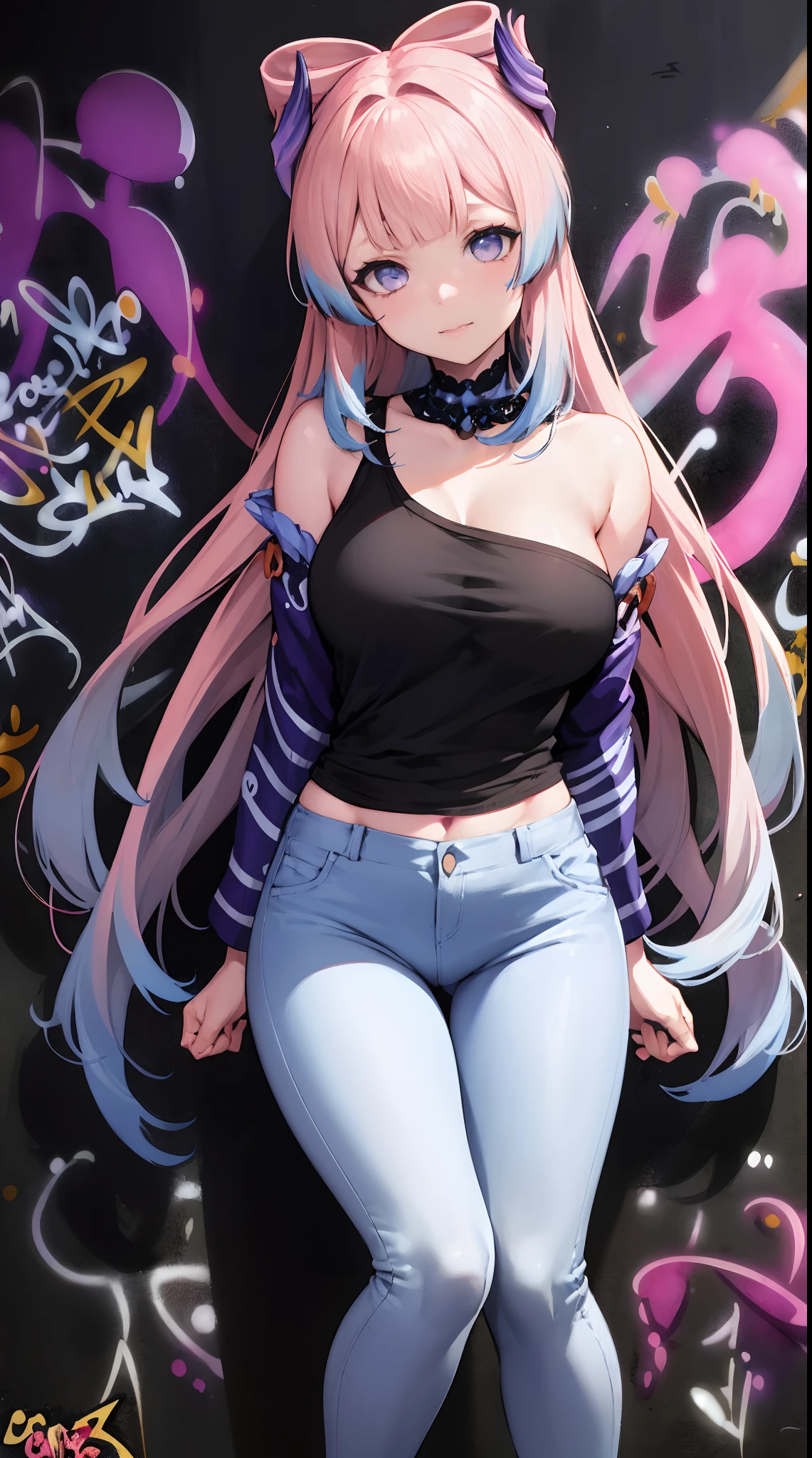 Sankonomiya|Kokomi Genshin Effects, master-piece, bestquality, 1girls,20 age, Double tail hairstyle, proportional body, Long Jeans, oversized breasts, ,bara, (Graffiti:1.5), Splash with purple lightning pattern., arm behind back, against wall, View viewers from the front., Head tilt,