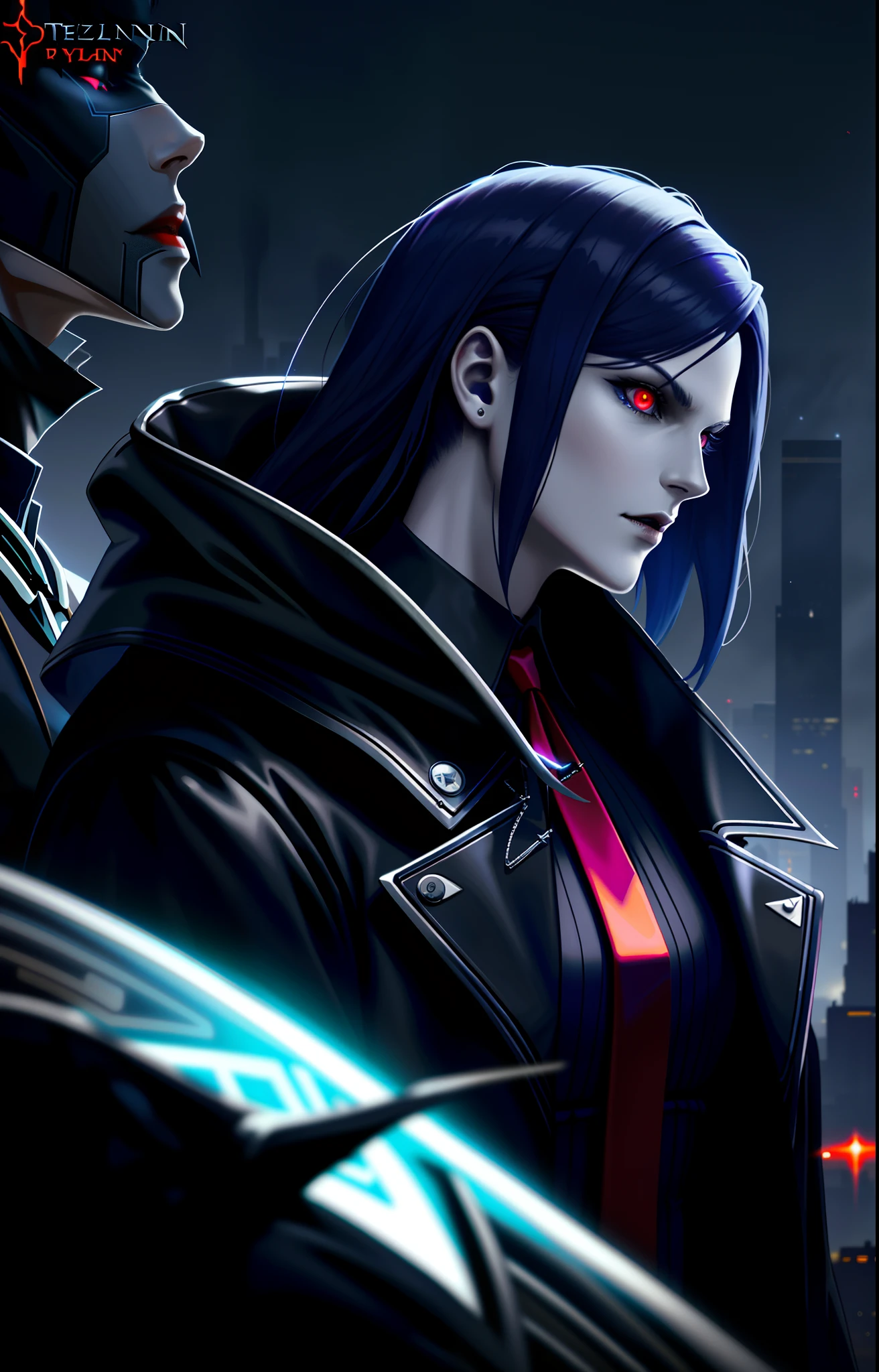 a vampire conjuring a demon, Cyber Noir, Neuro mechanical, Perlin Noise, Cosmicwave, Teslapunk, Stonepunk, Project CARS, Card game cover art, profile shot portrait, natural light portrait, 500mm Lens, Illumination, Blue Sky, excruciatingly detailed, super resolution detail
