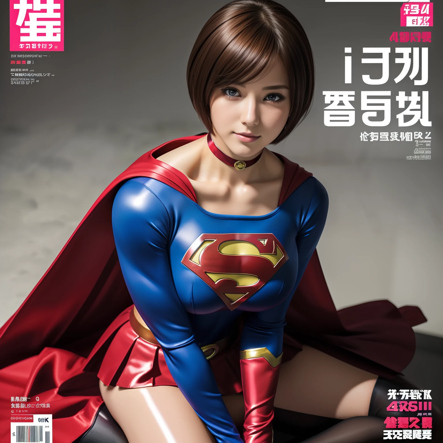 masterpiece、Rubber Supergirl Costume、short hair、Red rubber long boots、Big and ample breasts、looking at the camera、choker、Long sleeve、Cape、mini skirt、Off the shoulder、Sweaty skin、Hospital room、Photo magazine cover、Weakness、Sit down and show off your beautiful legs、Knee-length boots、wallpaper for pc、