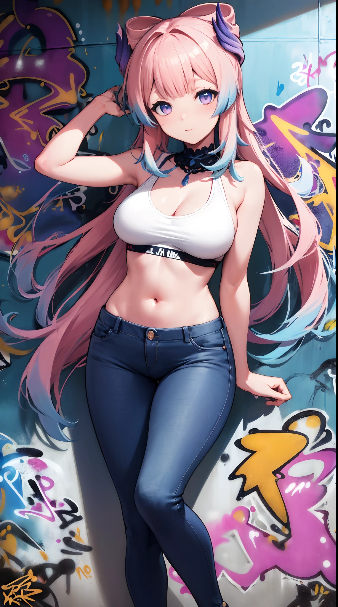 Sankonomiya|Kokomi Genshin Effects, master-piece, bestquality, 1girls,20 age, Double tail hairstyle, proportional body, Long Jeans, oversized breasts, ,bara, (Graffiti:1.5), Splash with purple lightning pattern., arm behind back, against wall, View viewers from the front., Head tilt,