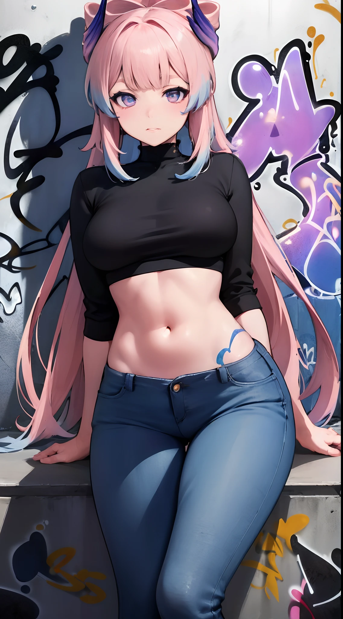 Sankonomiya|Kokomi Genshin Effects, master-piece, bestquality, 1girls,20 age, Double tail hairstyle, proportional body, Long Jeans, oversized breasts, ,bara, (Graffiti:1.5), Splash with purple lightning pattern., arm behind back, against wall, View viewers from the front., Head tilt,