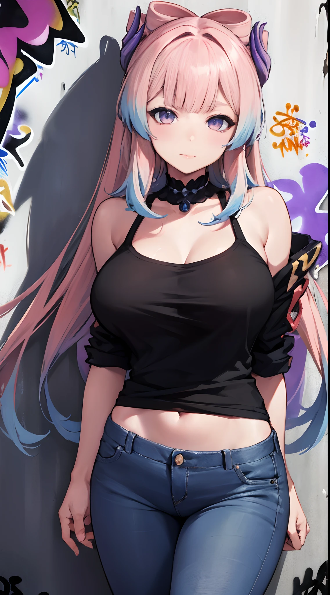 Sankonomiya|Kokomi Genshin Effects, master-piece, bestquality, 1girls,20 age, Double tail hairstyle, proportional body, Long Jeans, oversized breasts, ,bara, (Graffiti:1.5), Splash with purple lightning pattern., arm behind back, against wall, View viewers from the front., Head tilt,