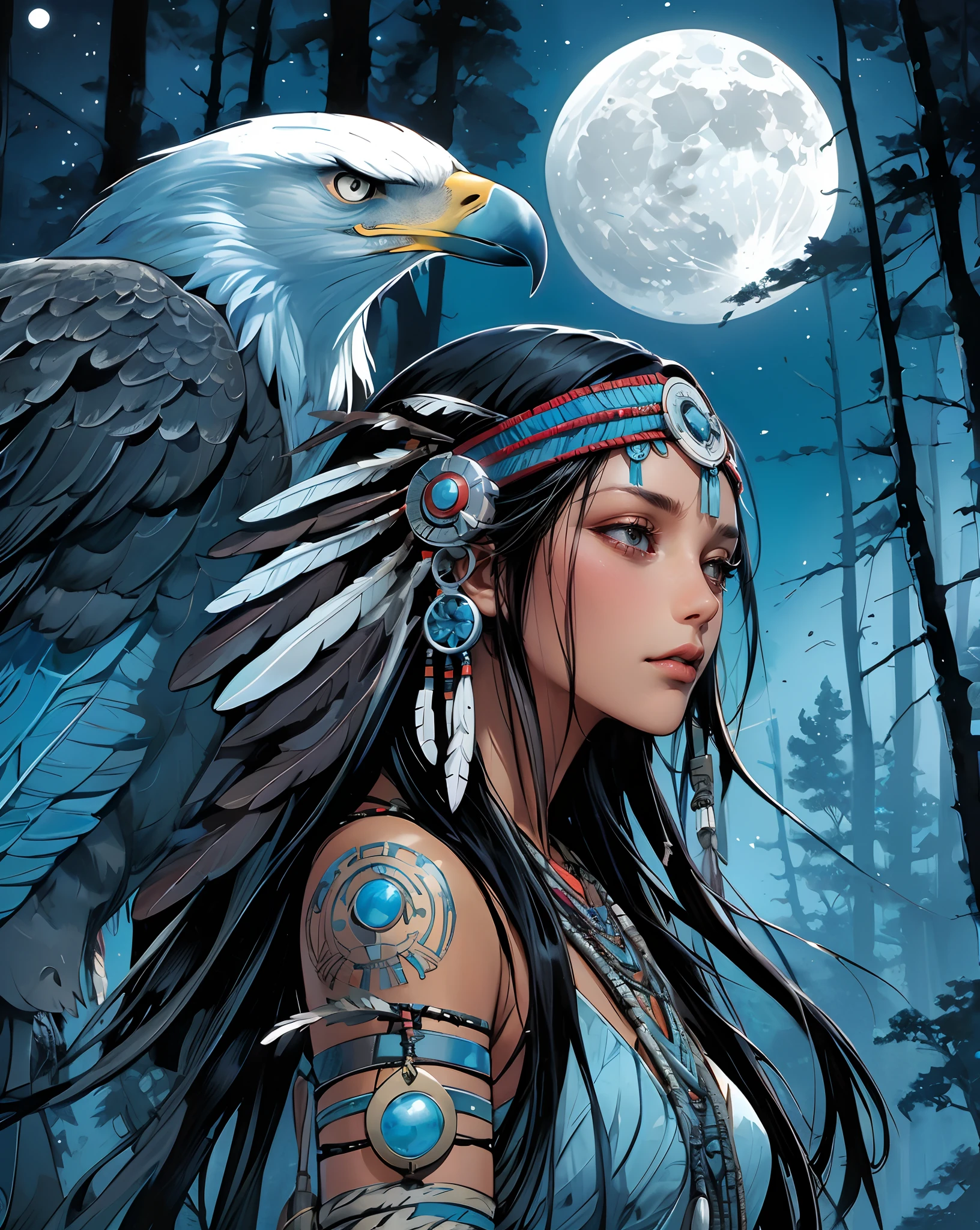 typemoon style, It's magnificent, ((light brown skin color)) female, primal warrior, native american armor, pale skin, Hair wavy and long, empty expression. In the background, there is a gigantic primal bird in the field