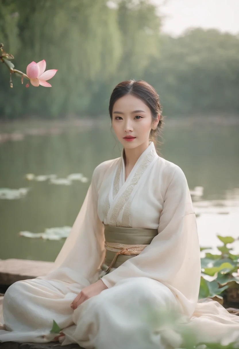 By the lotus pond,Chinese beauty in Hanfu,Lotus in the background,Facing the lens,The sleeves flutter,4K,8K,Motion picture film