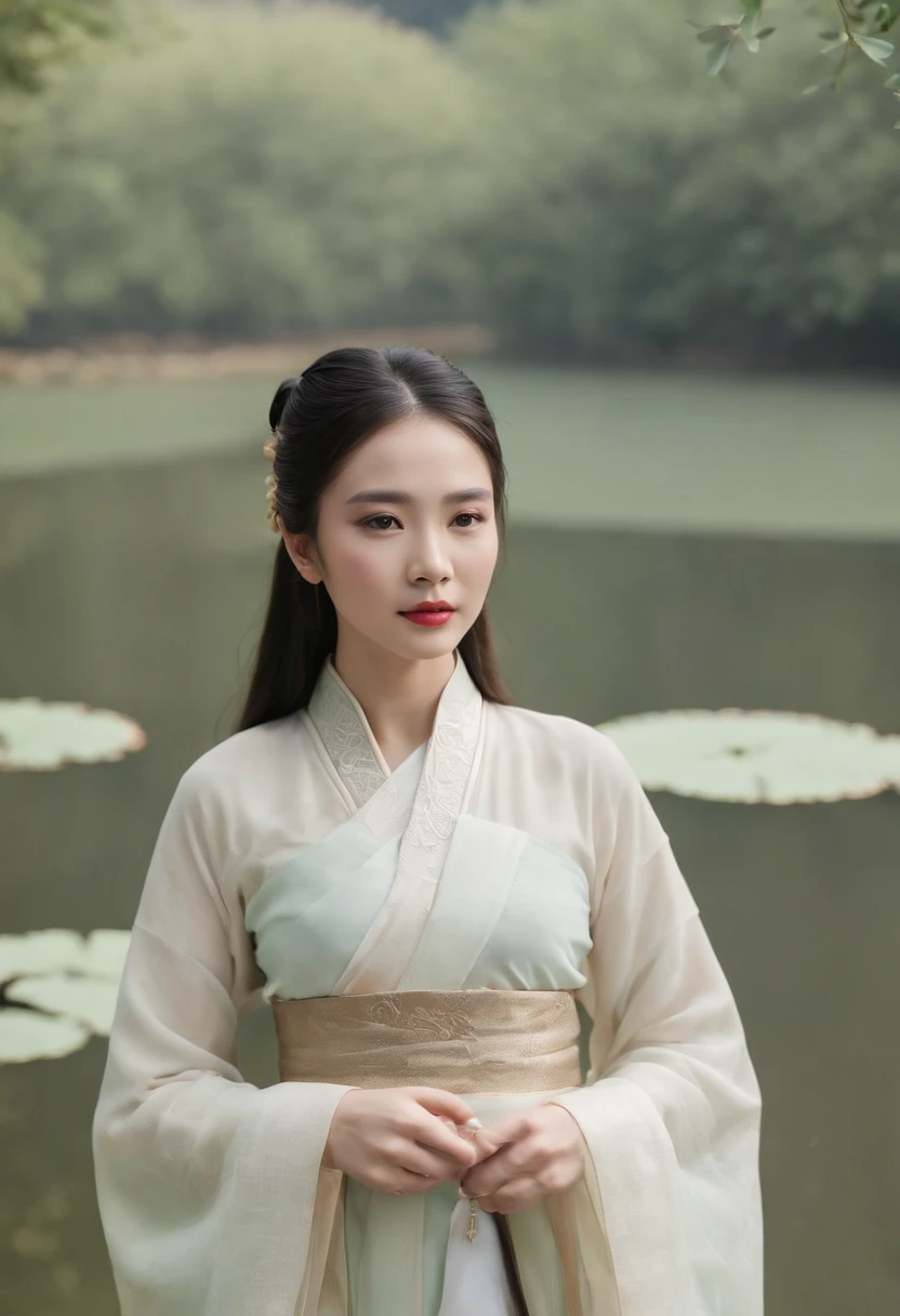 By the lotus pond,Chinese beauty in Hanfu,Lotus in the background,Facing the lens,The sleeves flutter,4K,8K,Motion picture film