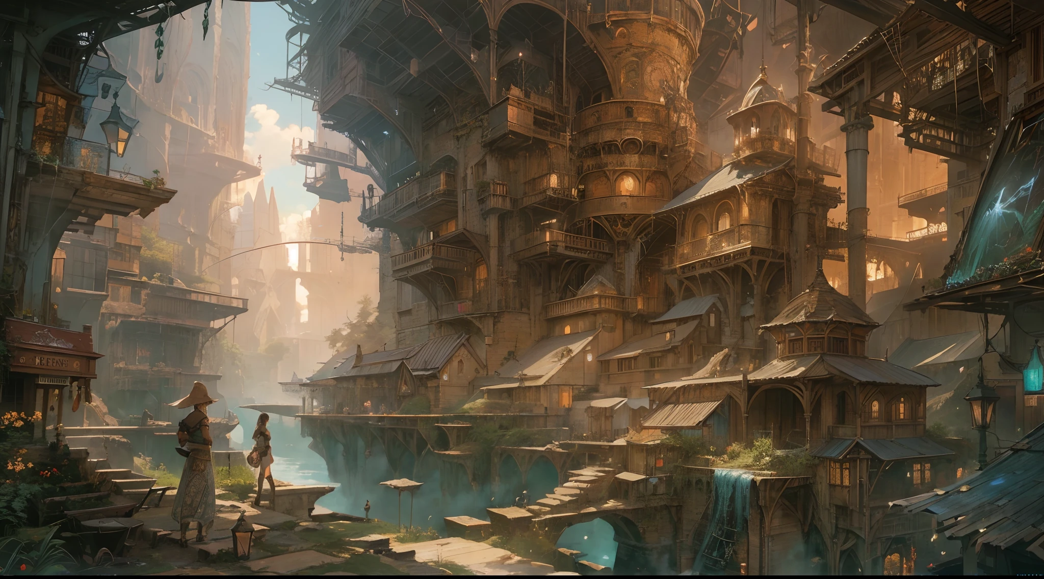 "(by Greg Rutkowski: 1.2), (masterpiece), ((best quality)), extremely delicate and beautiful, illustration, (fantasy landscape), A mesmerizing fantasy landscape with enchanting elements blending seamlessly. ((Henne Mines from final fantasy XII)), A sense of tranquility and wonder fills the air, inviting exploration and discovery. Providing a distant view that captures the grandeur and atmosphere. From Brian Froud and Carne Griffiths and Wadim Kashin and John William Waterhouse, 8K post-production, high resolution, hyperdetailed, depth of field, HDR, intricate"
