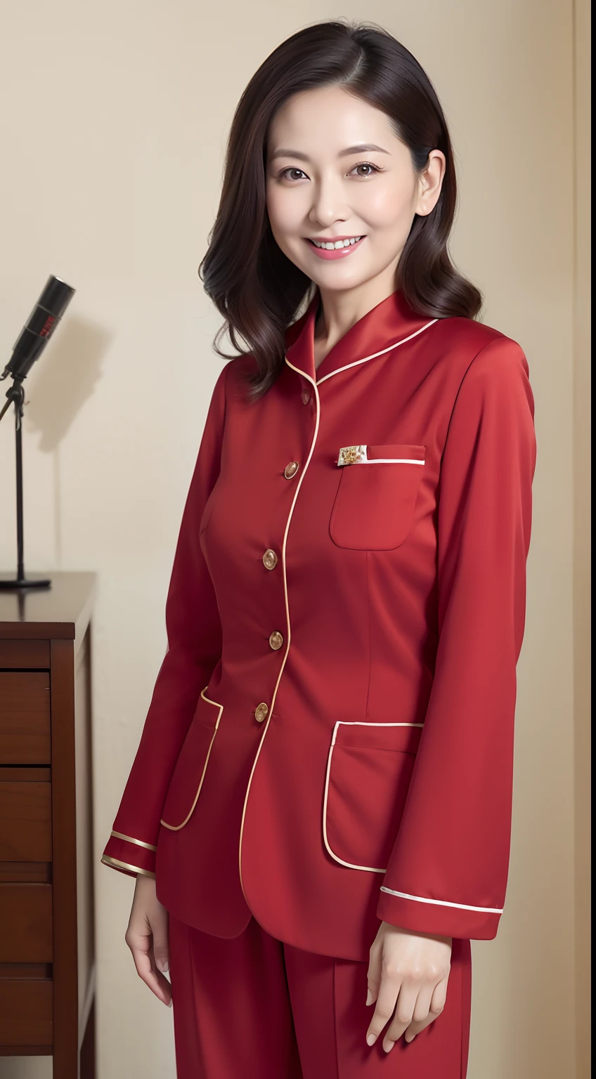 Masterpiece,Best quality, (maam. clerk:1), ((Portrait:1.3)), Cross arms, Smile,Red pajamas,Long legs,skin hyper-detail,Clear pores,in a panoramic view,Cocked buttocks,black lence stockings,Beautiful young Japanese woman over 40 years old, Perfect face, Fantastic look, (Detailed facial features), Clean and nice face