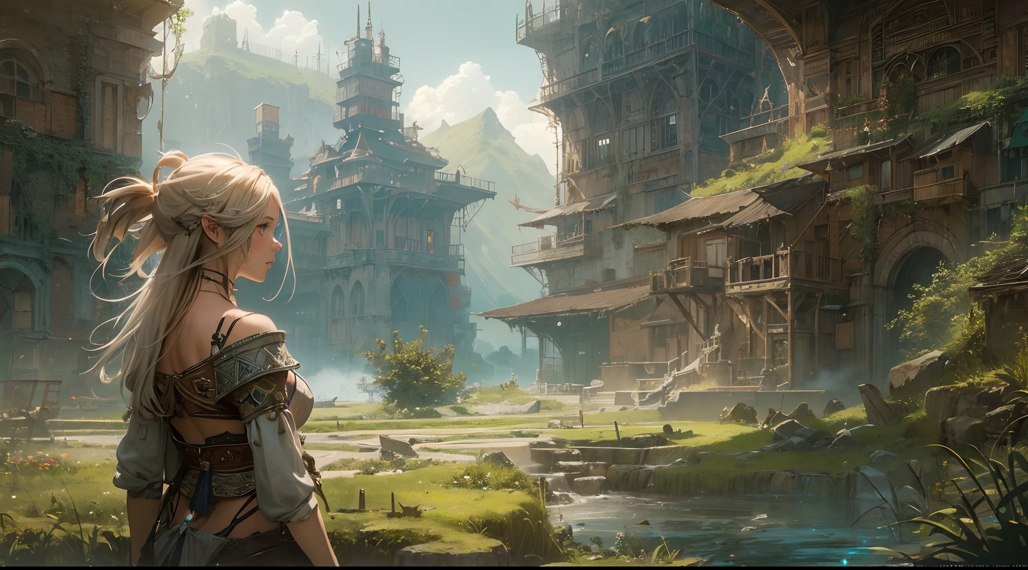 "(by Greg Rutkowski: 1.2), (masterpiece), ((best quality)), extremely delicate and beautiful, illustration, (fantasy landscape), A mesmerizing fantasy landscape with enchanting elements blending seamlessly. ((Henne Mines from final fantasy XII)), A sense of tranquility and wonder fills the air, inviting exploration and discovery. Providing a distant view that captures the grandeur and atmosphere. From Brian Froud and Carne Griffiths and Wadim Kashin and John William Waterhouse, 8K post-production, high resolution, hyperdetailed, depth of field, HDR, intricate"