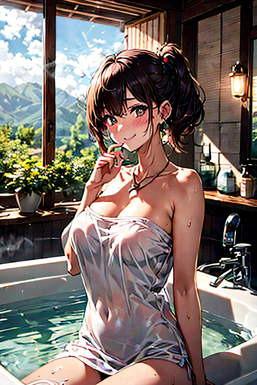 A hot spring resort in the mountains of Japan,beautiful mountain in background々,(Hot water smoke obstructing the view Water vapor rising from the bathtub:1.3),(Rock bath open-air bath:1.3),(Take a deep shoulder soak in the open-air bath:1,3),Upper body naked,Immaculate white tube top bra without shoulder straps,Hold a hand towel to hide your breasts,Blushing cheeks、shyly smile、(beautiful a girl)、(short hair of red-brown color、hair pin、poneyTail、Floating hair、)Colossal tits、Blush with embarrassment、Enraptured eyes、A smile that beguiles the viewer、Look into the photographer、skin glistening with sweat、gazing at viewer,a necklace、piercings、pointed red mouth,Perfect round face,,Proper body proportion,Intricate details,Very delicate and beautiful hair,photos realistic,Dreamy,Professional Lighting,realistic shadow,Solo Focus,Beautiful hands,Beautiful fingers,Detailed finger features,Detailed arm functions,detailed clothes features,Detailed hair features,detailed facial features,(masutepiece,top-quality,Ultra-high resolution output image,) ,(The 8k quality,),(Image Mode Ultra HD,)