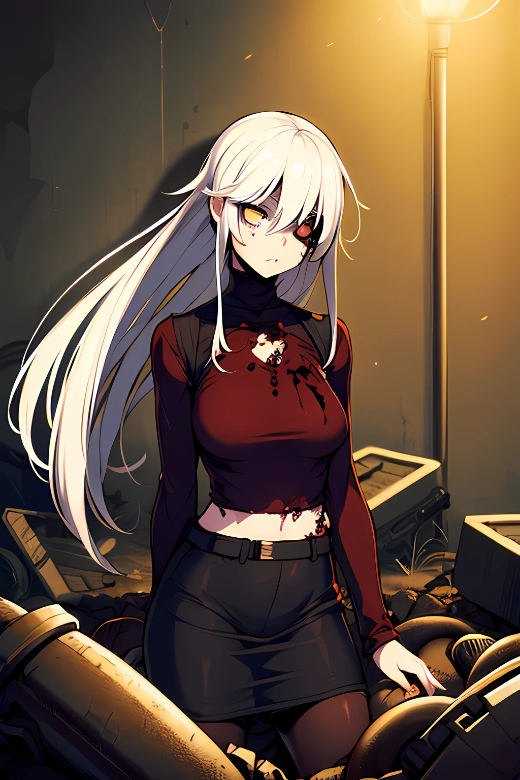 1girl, zombie, undead, white hair, stiches, ripped clothes, wasteland, dull eyes, turtleneck, cute