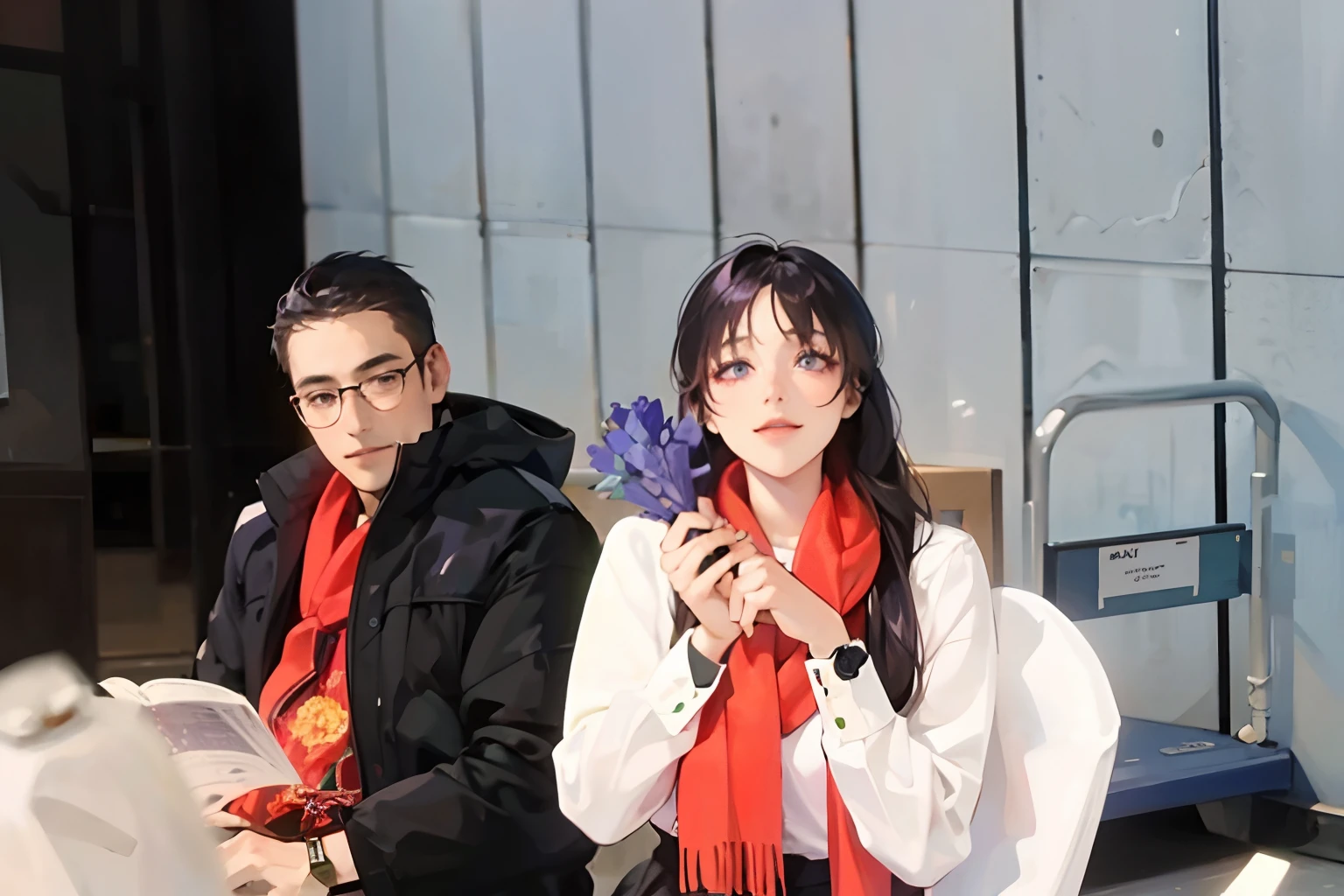 The girl holds a purple bouquet,A slight smil
