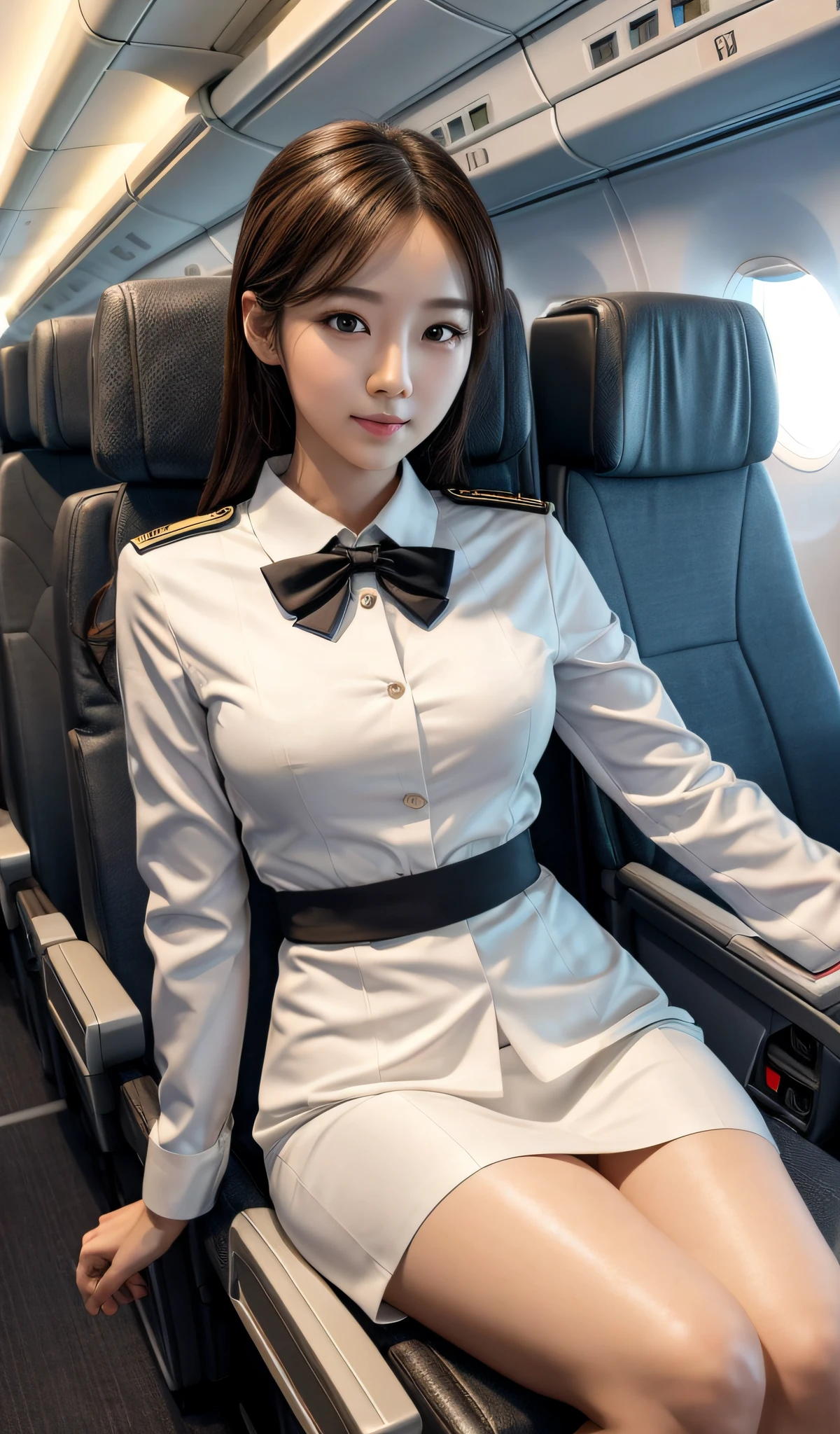 8K, masutepiece, Raw photo, Best Quality, Photorealistic, Highly detailed CG unified in 8K, 8K, Diamond, and wallpapers, depth of fields, Cinematic Light, Lens Flare, Ray tracing, (Extremely beautiful face, Beautiful lips, Beautiful eyes), intricate detail face, ((Ultra detailed skin)) 1girll, In the Dark, deepshadow, Pretty Korean girl, Kpop Idol, Photo of sexy woman sitting on airplane seat,Wearing a white flight attendant uniform,pleatedskirt,(very slim and slender muscular body:1.3), (Flesh-colored pantyhose:1.3),White standard flight attendant uniform, ((Colossal tits:1.0)),Wide buttock,being thin,red rip,黑The eye,(unholy:0.9),cross leg,(Textured fabrics:0.9),looking at viewert, (pale skin), (Big eyes),(ssmile:0.8),Flirting with the camera,(Metallic fabric:0.5),very intricate,(realisticlying,primitive:1.5), side slits, (bblurry:0.9), facial detailing, low quality photograph, highly contrast, In-flight, slender, bow-shaped, (birthmark:0.4)