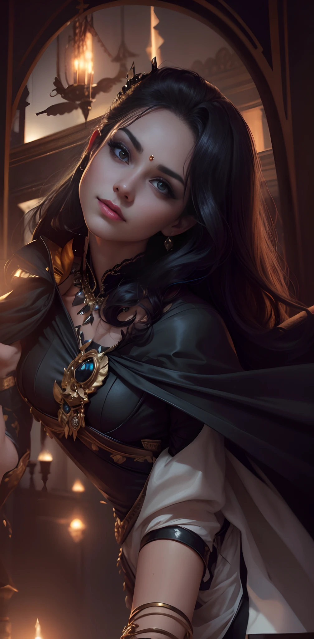 8k, ultra hd, background cool room, real dress, realistic face,queen's crown forehead, earring, jewellery, look like queen, black eyes, Highly detailed.