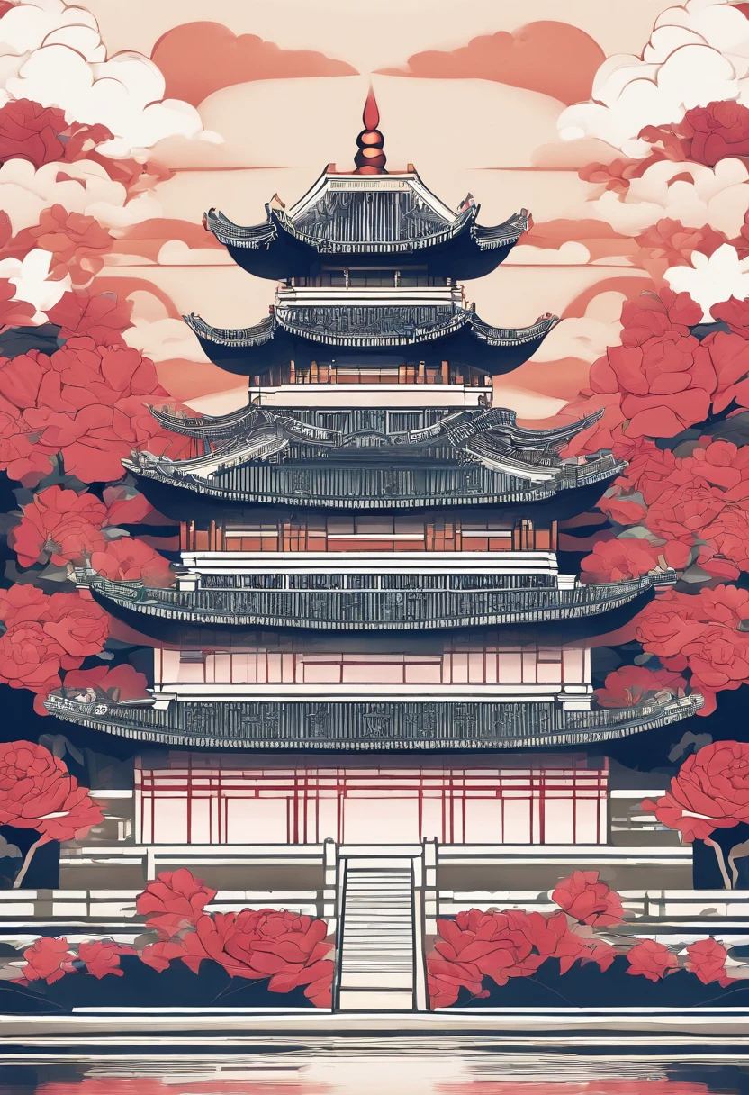Shenyang Imperial Palace, Novel illustration, Building complex, High contrast,Tilt-Shift, (peony flower:1.3), (White clouds:1.5),(Small house on the white cloud), Soft lighting，Oriental elements, Dreamy, Pastel colors, Bright colors, Traditional Chinese color scheme, ( reasonable design, Clear lines, High sharpness,Best quality, Very detailed, Masterpiece, offcial art, movie light effect, 4K )，(Masterpiece, Best quality:1.3),A crane,,Lake,Sun,Cloud,Flowers,