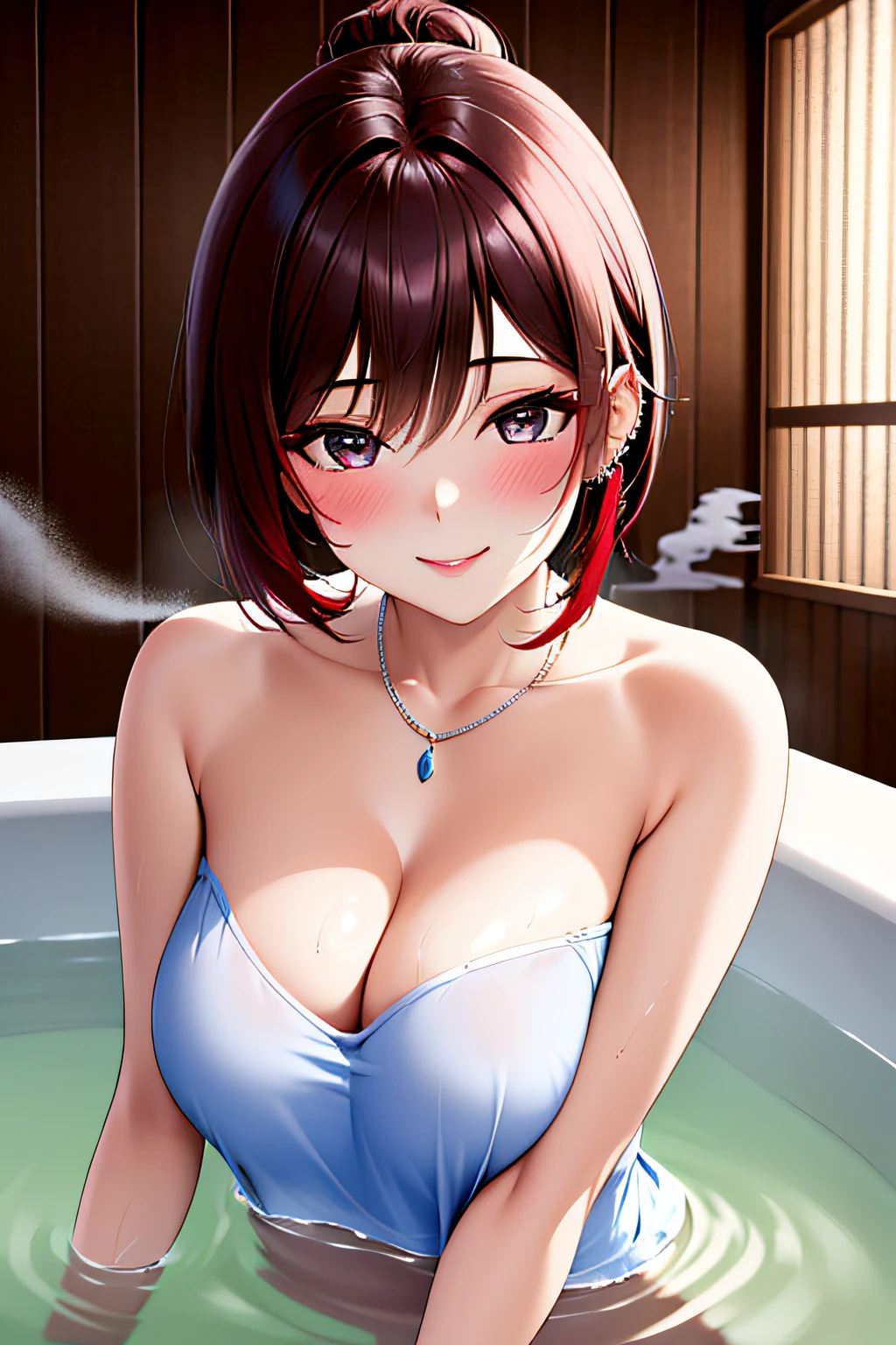 A hot spring resort in the mountains of Japan,beautiful mountain in background々,(Hot water smoke obstructing the view Water vapor rising from the bathtub:1.3),(Rock bath open-air bath:1.3),(Take a deep shoulder soak in the open-air bath:1,3),Upper body naked,Immaculate tube top bra,Blushing cheeks、shyly smile、(beautiful a girl)、(short hair of red-brown color、hair pin、poneyTail、Floating hair、)Colossal tits、Blush with embarrassment、Enraptured eyes、A smile that beguiles the viewer、Look into the photographer、skin glistening with sweat、gazing at viewer,a necklace、piercings、pointed red mouth,Perfect round face,,Proper body proportion,Intricate details,Very delicate and beautiful hair,photos realistic,Dreamy,Professional Lighting,realistic shadow,Solo Focus,Beautiful hands,Beautiful fingers,Detailed finger features,Detailed arm functions,detailed clothes features,Detailed hair features,detailed facial features,(masutepiece,top-quality,Ultra-high resolution output image,) ,(The 8k quality,),(Image Mode Ultra HD,)