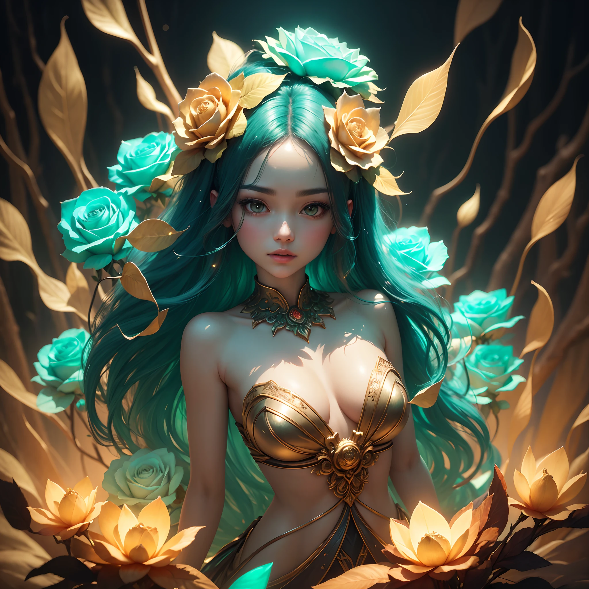 Beautiful and dreamy digital rose blooms freely in a wonderful forest, Glass material, Jade luster, glow, Metal, Film layer, Futurism, Super Artistic Expression, Surrealist style, Dark background in the middle of the night and early morning, A subtle glow, studio lightning, Macro natural photography, super detaill, the golden ratio, 8K—niji 5