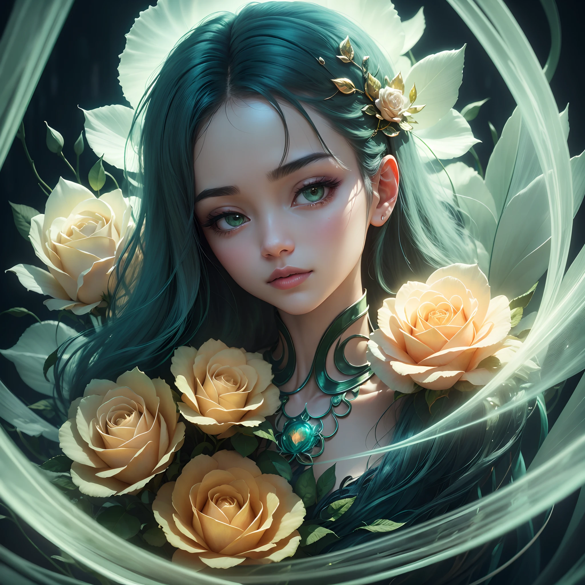 Beautiful and dreamy digital rose blooms freely in a wonderful forest, Glass material, Jade luster, glow, Metal, Film layer, Futurism, Super Artistic Expression, Surrealist style, Dark background in the middle of the night and early morning, A subtle glow, studio lightning, Macro natural photography, super detaill, the golden ratio, 8K—niji 5