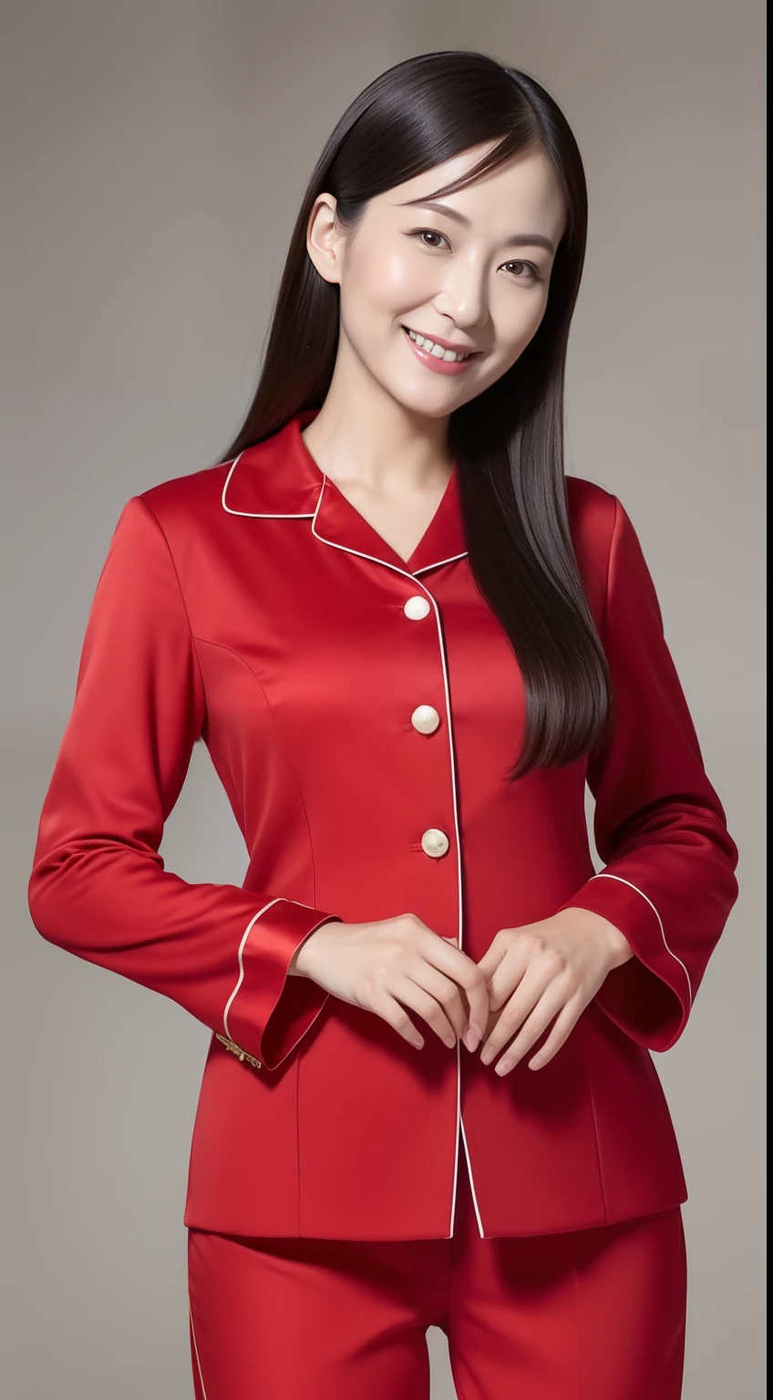 Masterpiece,Best quality, (maam. clerk:1), ((Portrait:1.3)), Cross arms, Smile,Red pajamas,Long legs,skin hyper-detail,Clear pores,in a panoramic view,Cocked buttocks,black lence stockings,Beautiful young Japanese woman over 40 years old, Perfect face, Fantastic look, (Detailed facial features), Clean and nice face