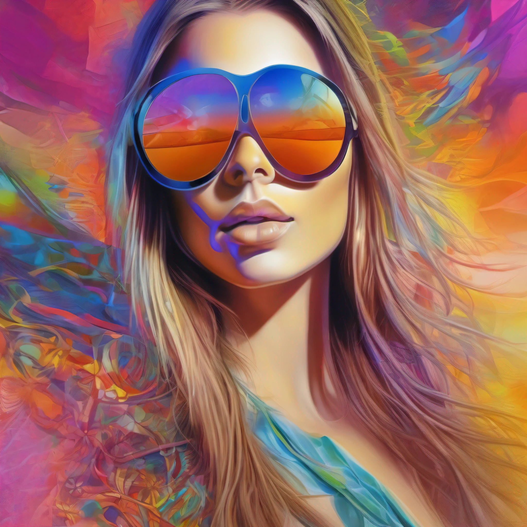 An abstract airbrush painting that features a beautiful girl wearing a sunglass. Award winning painting and is a best example of psychedallic art. In the style of Creg Hildrebrandt, has created an intricate and detailed digital painting with a groovy appearance. Highly professional photography, realistic photo. HDR, UHD 32k. --AR 16:9, --v 5.2