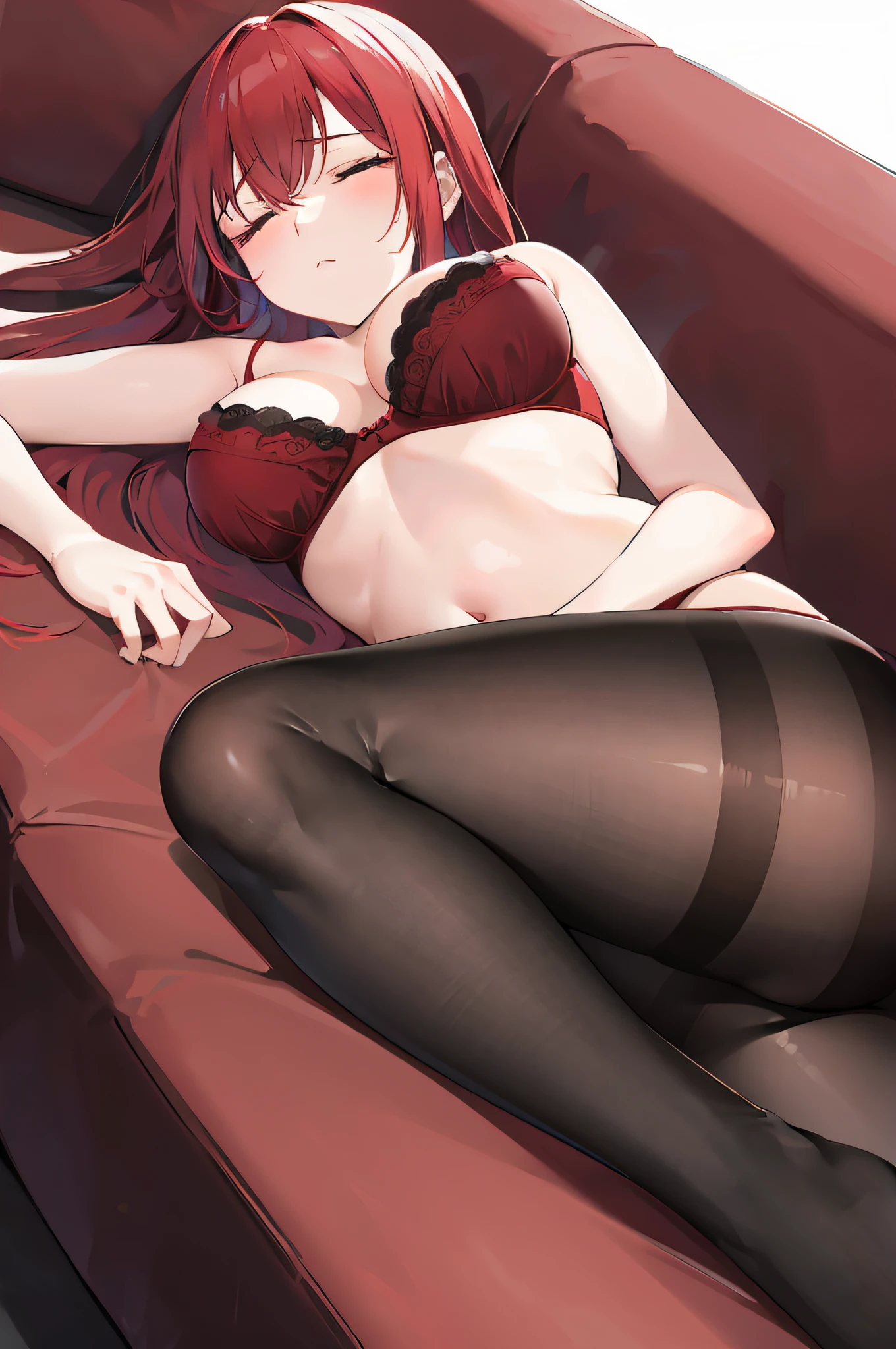 red hair, girl,  lying on couch, long hair, breasts, black pantyhose, red bra, sleeping, half-closed eyes,