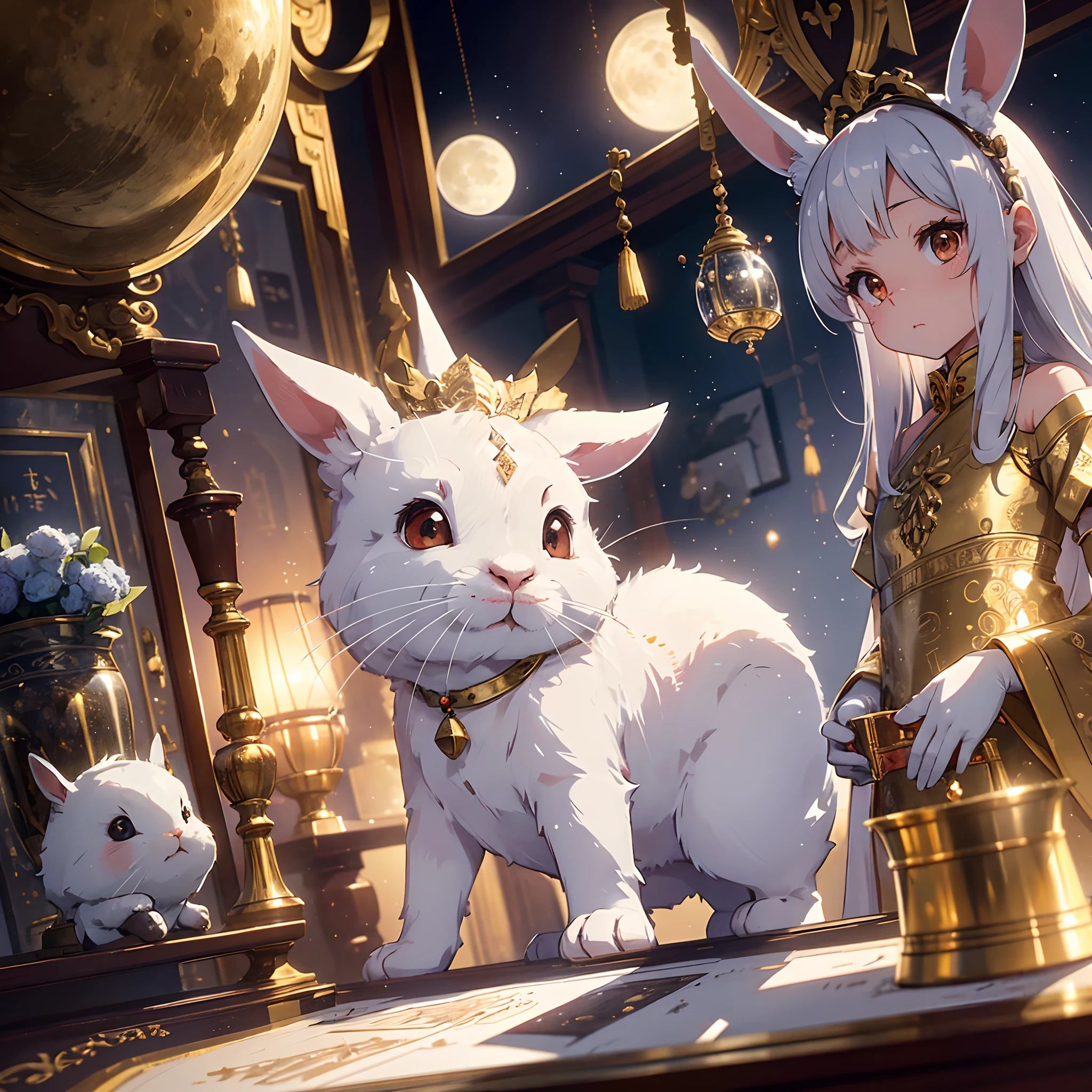 Little white rabbits on the moon,Moon environment,Studio lighting,furry bunny,The forehead is decorated with precious stones,Silver pen drawings,Clear lines,Global close-up,first person perspective,The rabbits prepare for the blessing,desks,ingredient,Chinese elements,Festive atmosphere,Golden-red,Dramatic lighting,Granular film,Ray traching,