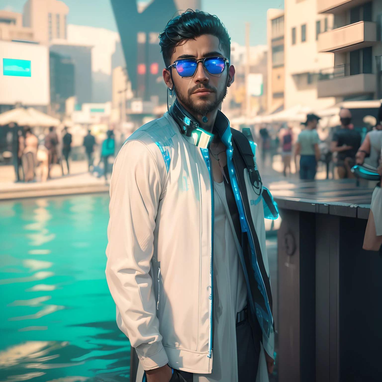 Cyberpunk background realistic handsom boy beautiful view with water flow 8k quality